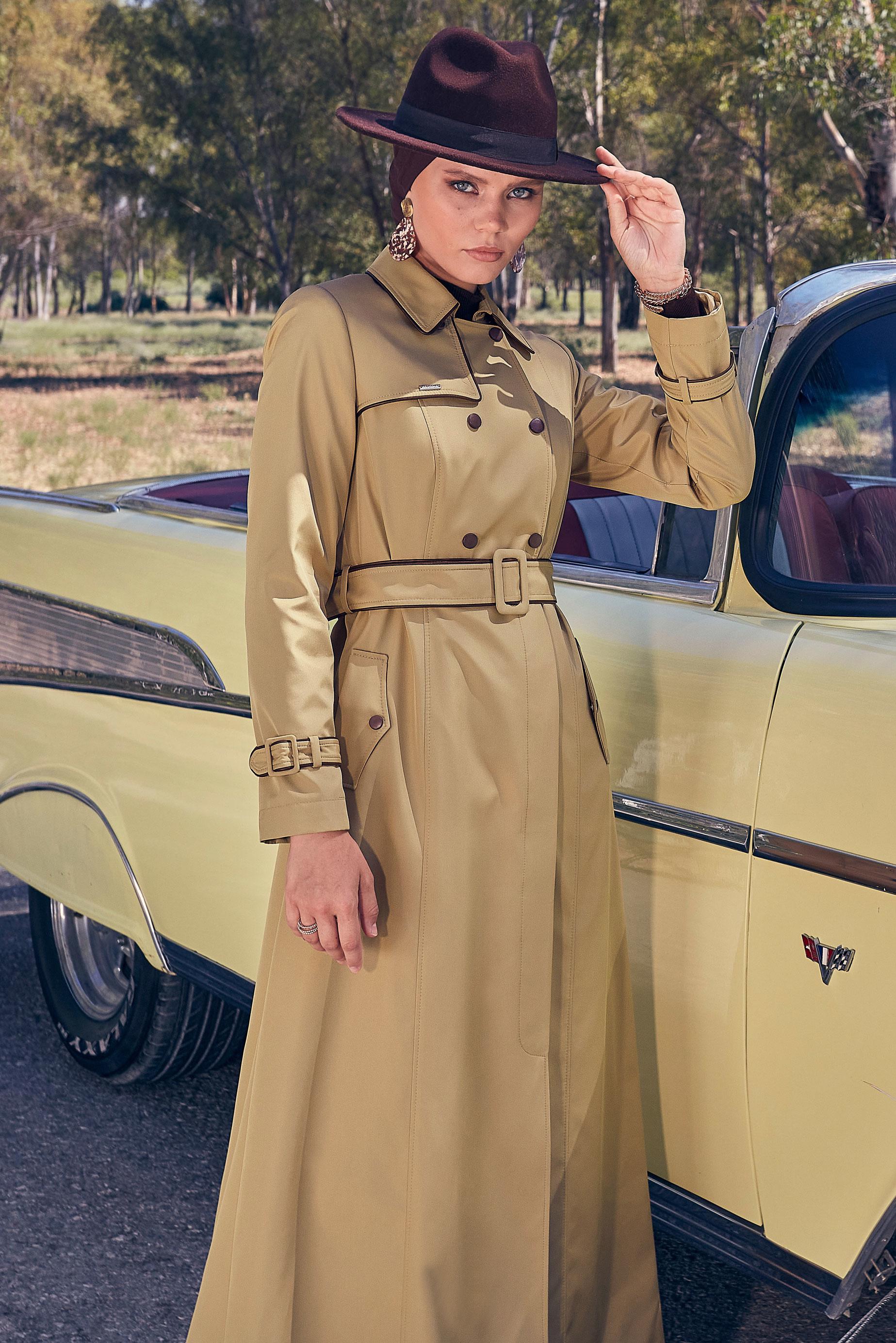 Tesettür giyim KAHVE KEMERLİ CEPLİ PARDESÜ 10806