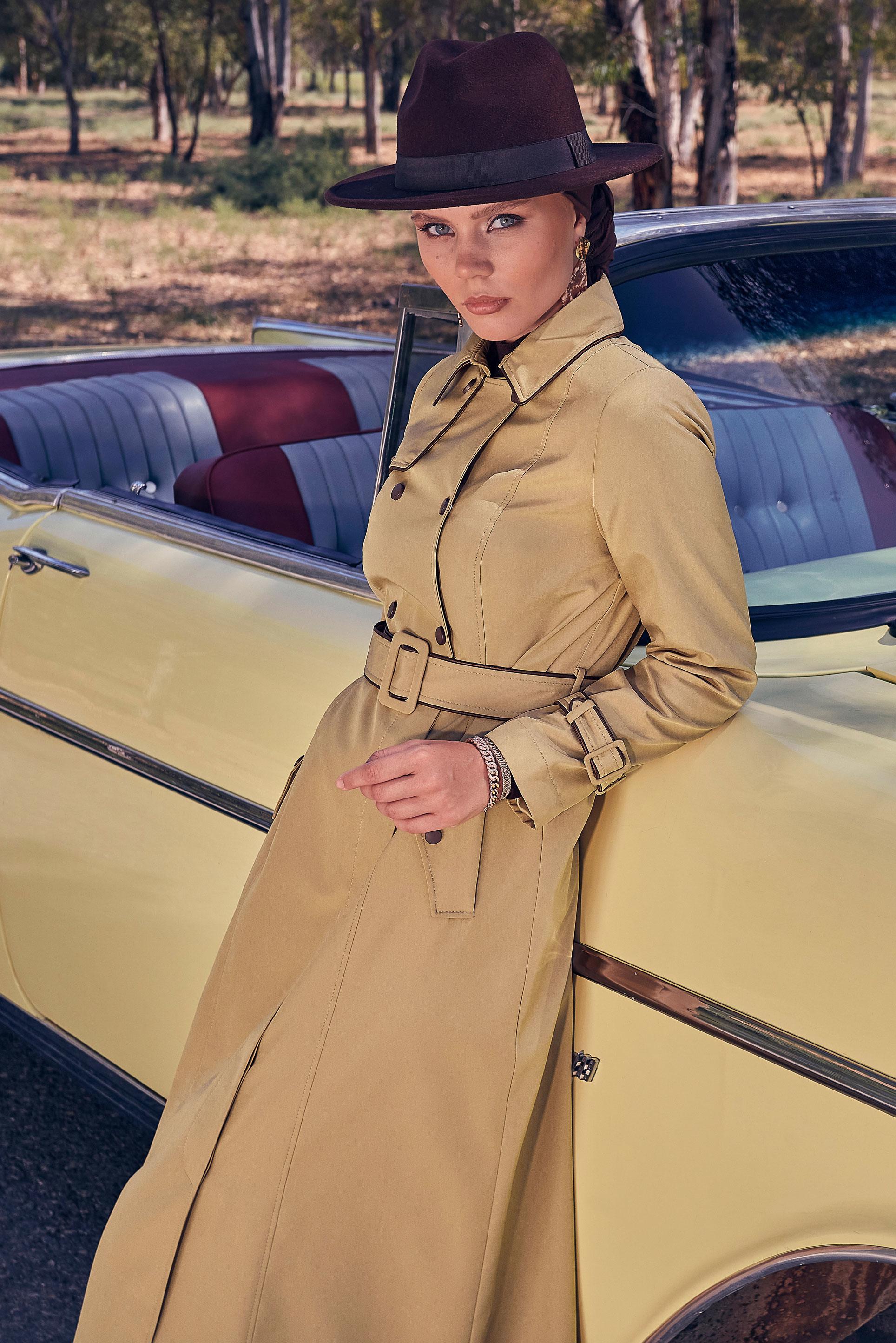 Tesettür giyim KAHVE KEMERLİ CEPLİ PARDESÜ 10806