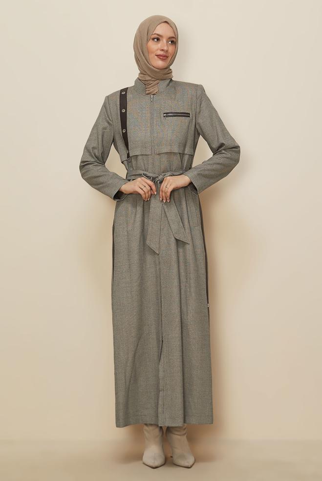 Tesettür giyim KAHVE KUŞGÖZÜ DETAYLI KUŞAKLI PARDESÜ 10815 - ALVİNA