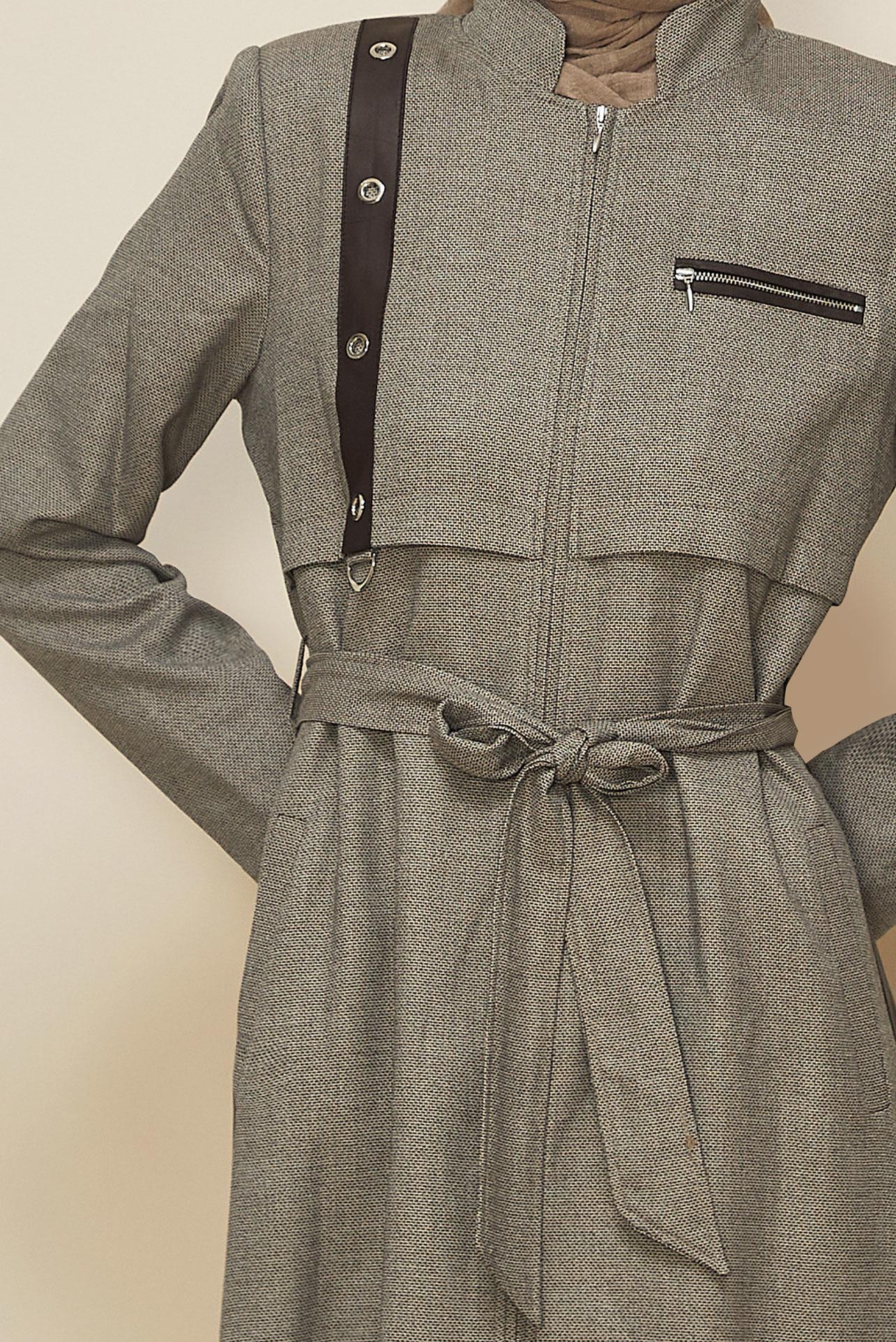 Tesettür giyim KAHVE KUŞGÖZÜ DETAYLI KUŞAKLI PARDESÜ 10815