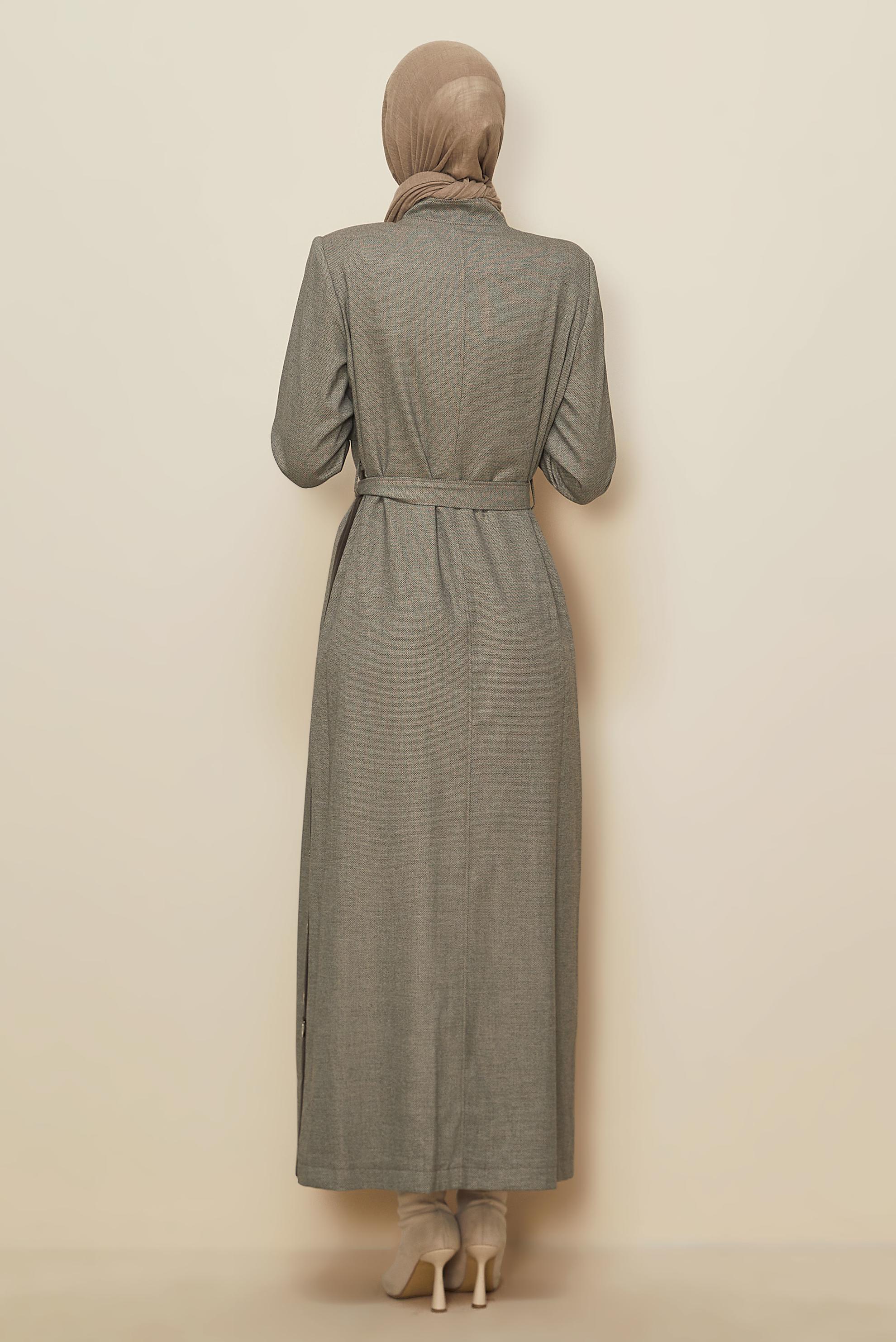 Tesettür giyim KAHVE KUŞGÖZÜ DETAYLI KUŞAKLI PARDESÜ 10815