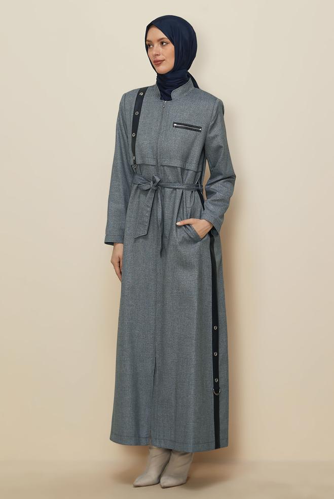 Tesettür giyim LACİVERT KUŞGÖZÜ DETAYLI KUŞAKLI PARDESÜ 10815 - ALVİNA