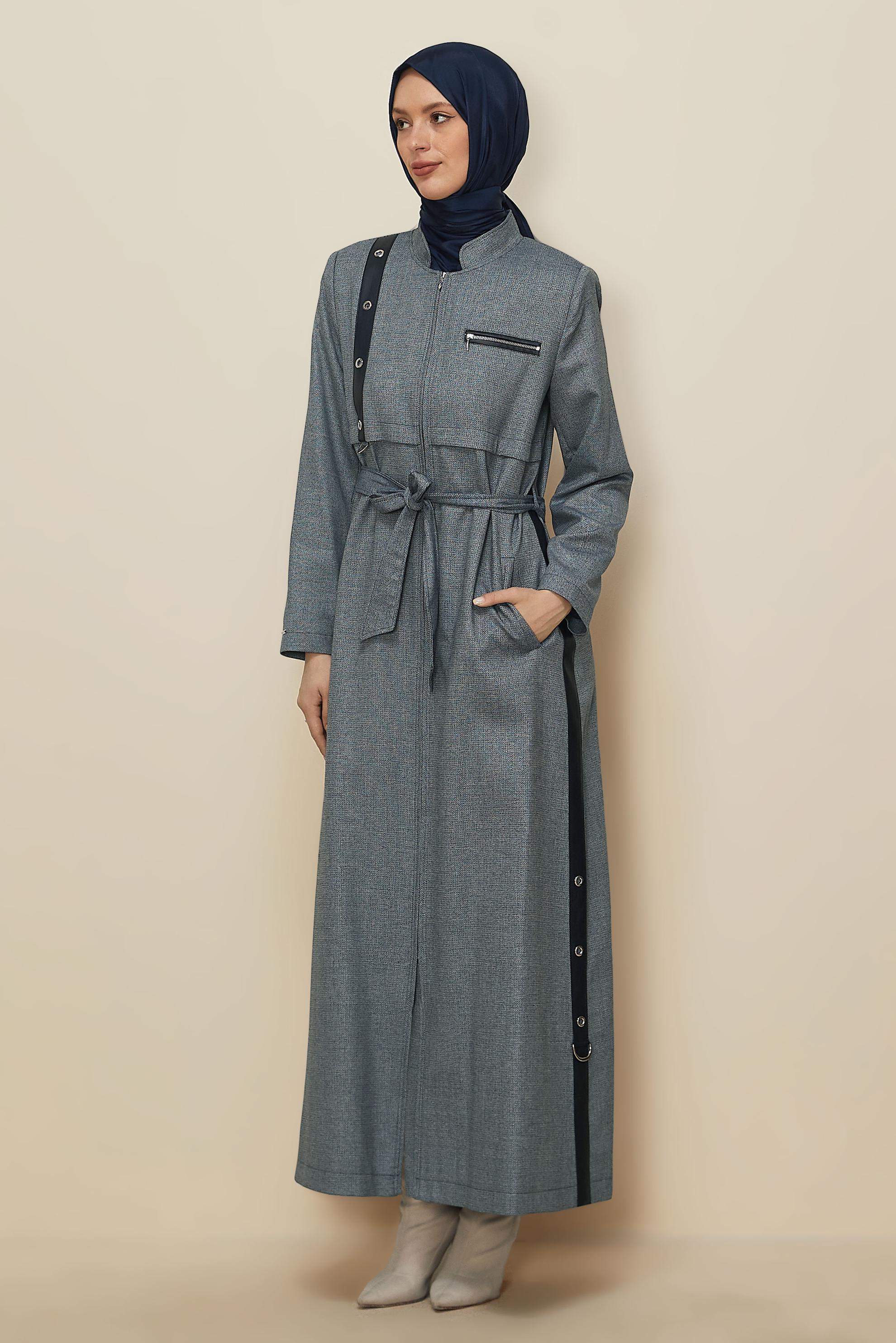 Tesettür giyim LACİVERT KUŞGÖZÜ DETAYLI KUŞAKLI PARDESÜ 10815
