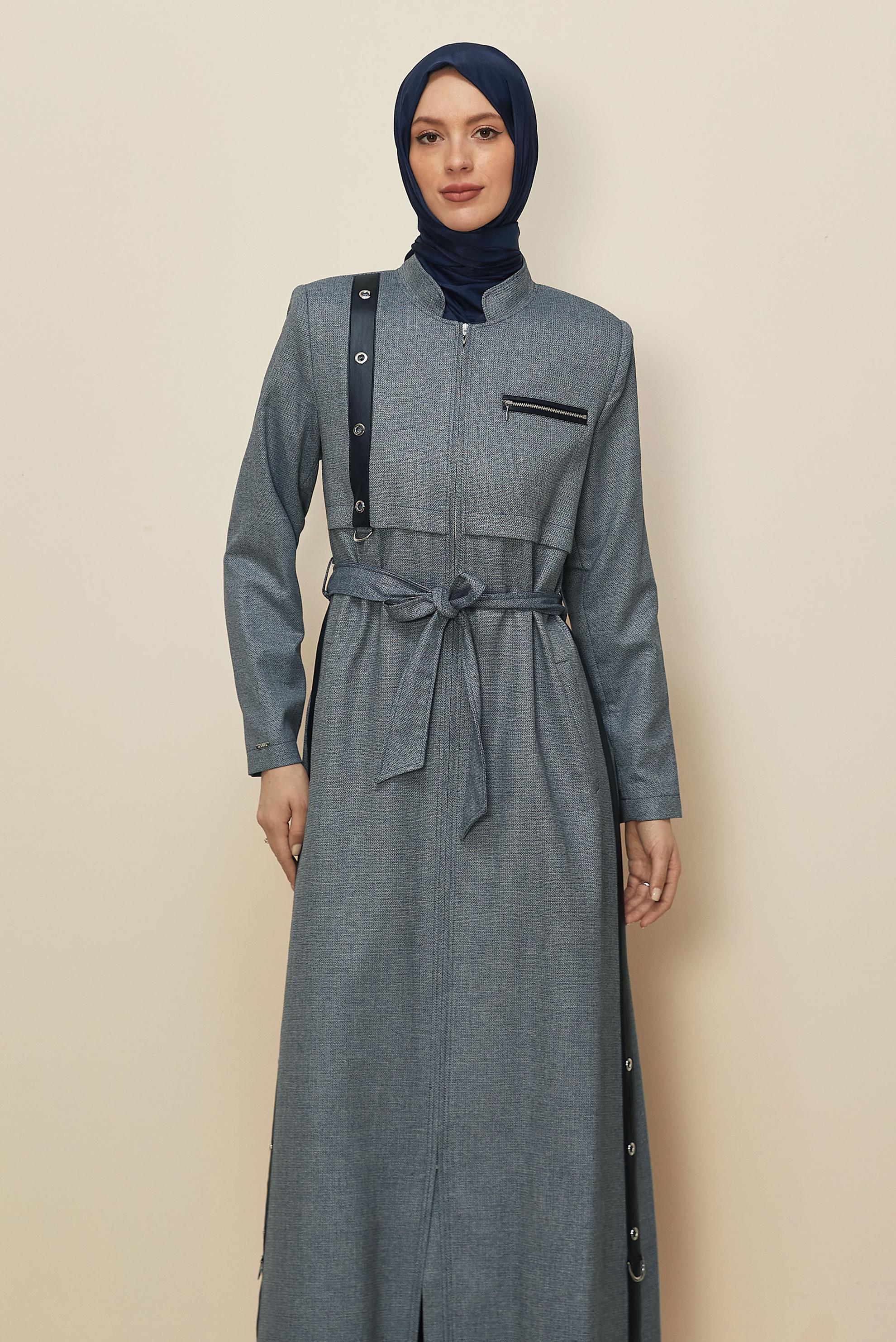 Tesettür giyim LACİVERT KUŞGÖZÜ DETAYLI KUŞAKLI PARDESÜ 10815
