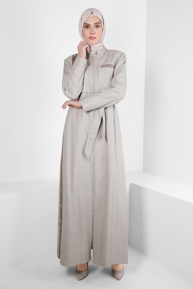 Tesettür giyim BEJ KUŞGÖZÜ DETAYLI KUŞAKLI PARDESÜ 10815 - ALVİNA