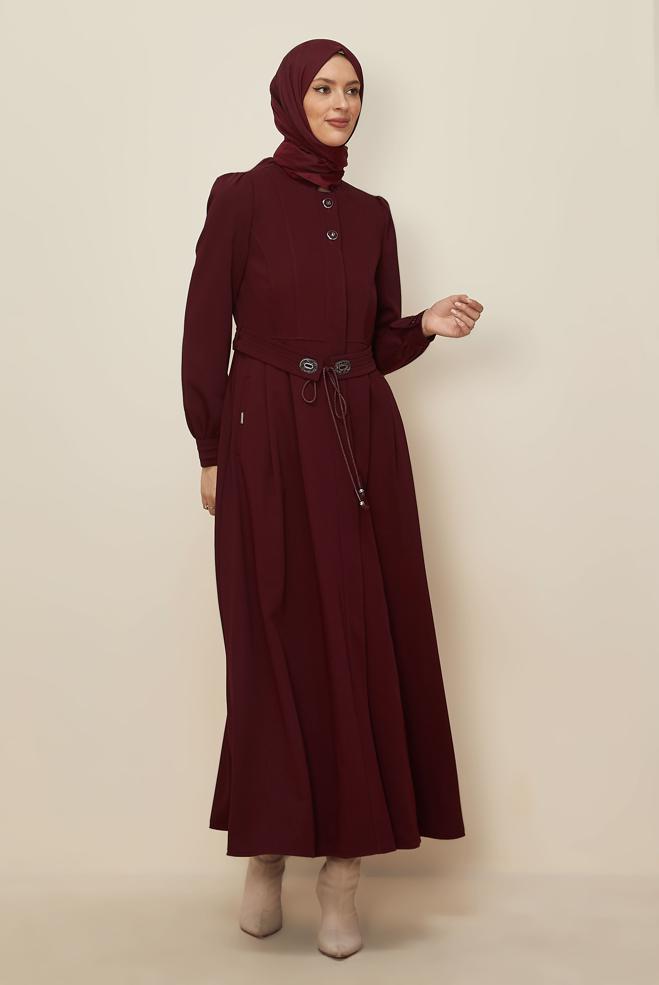 Vêtements hijab ROUGE BORDEAUX PARDESSUS CEINTURE 10821 - ALVİNA