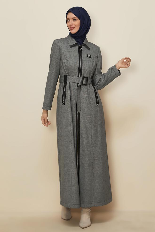 Tesettür giyim SİYAH KEMERLİ PARDESÜ 10825 - ALVİNA