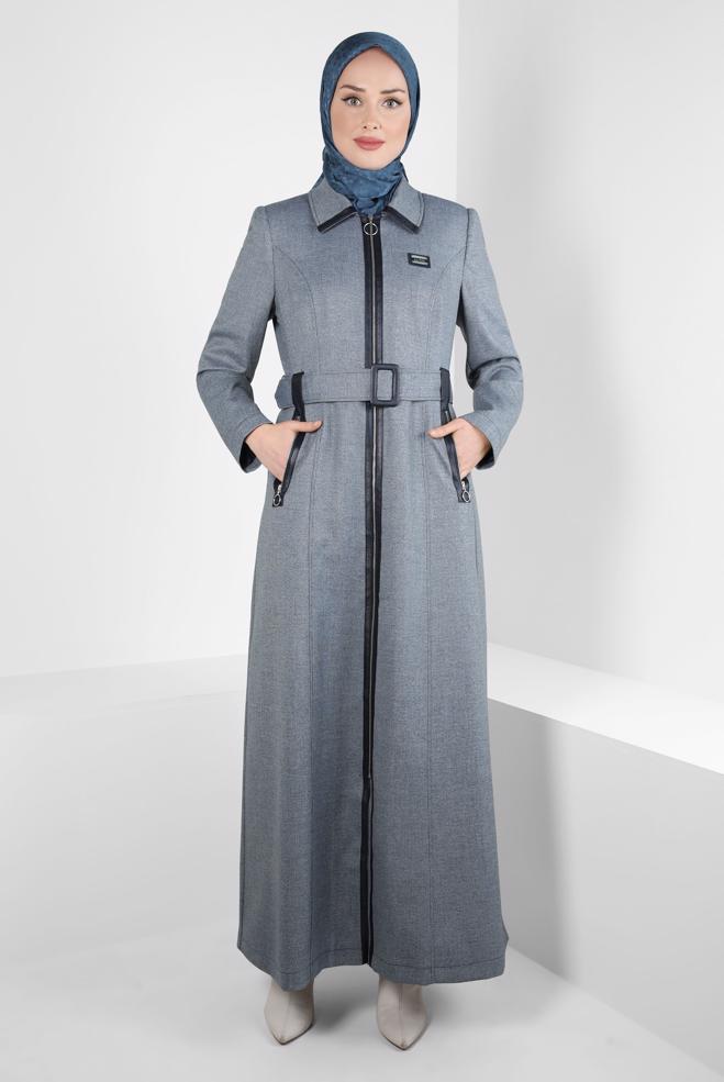 Hijab clothing NAVY BLUE BELTED TOPCOAT 10825 - ALVİNA