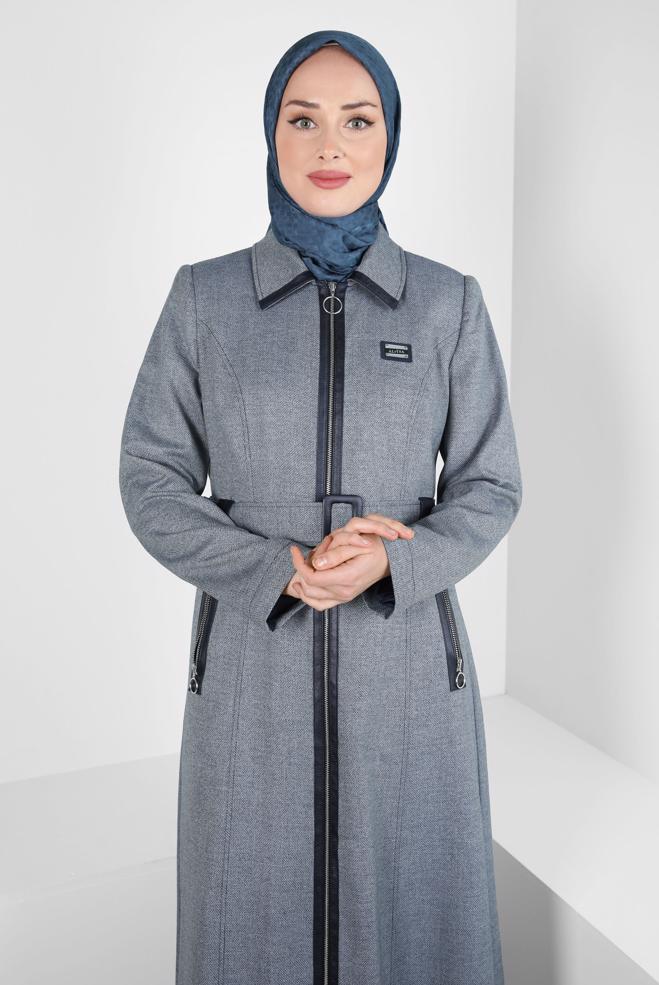 Hijab clothing NAVY BLUE BELTED TOPCOAT 10825 - ALVİNA