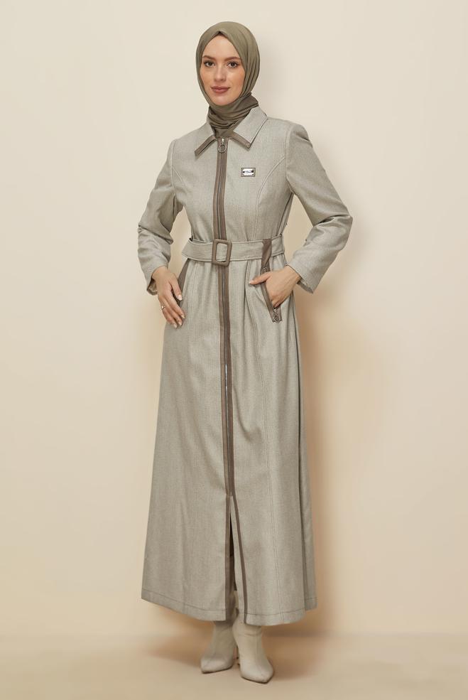 Tesettür giyim BEJ KEMERLİ PARDESÜ 10825 - ALVİNA