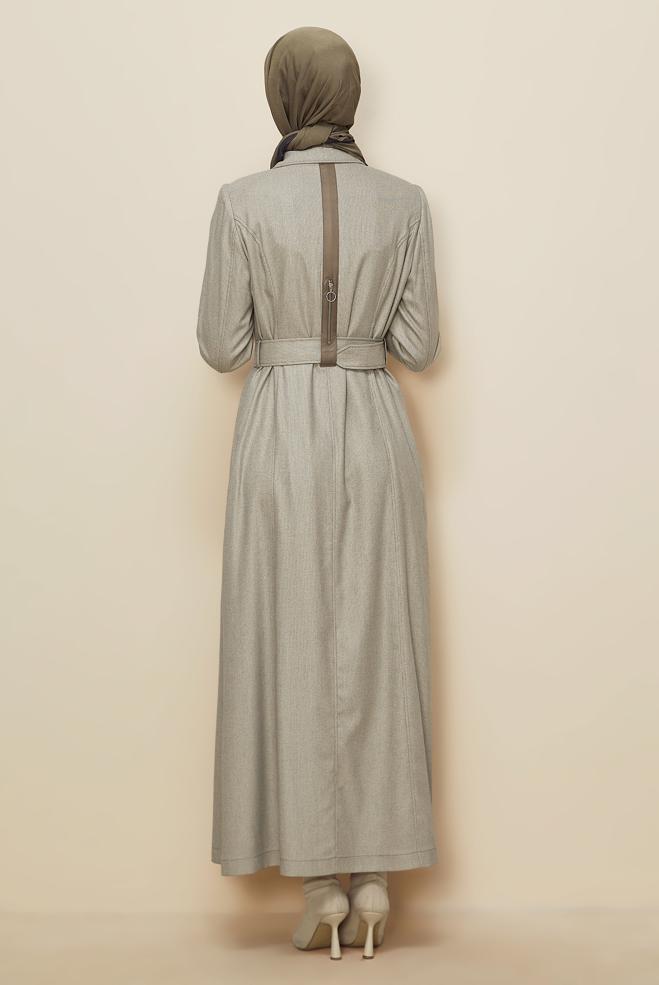 Tesettür giyim BEJ KEMERLİ PARDESÜ 10825 - ALVİNA