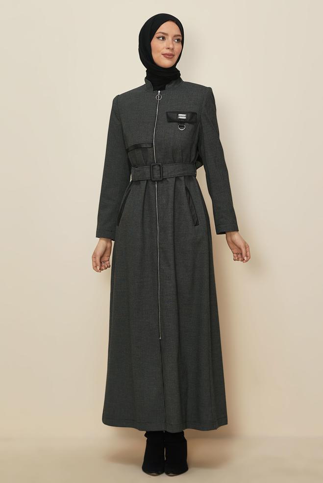 Tesettür giyim GRİ KEMERLİ PARDESÜ 10827 - ALVİNA