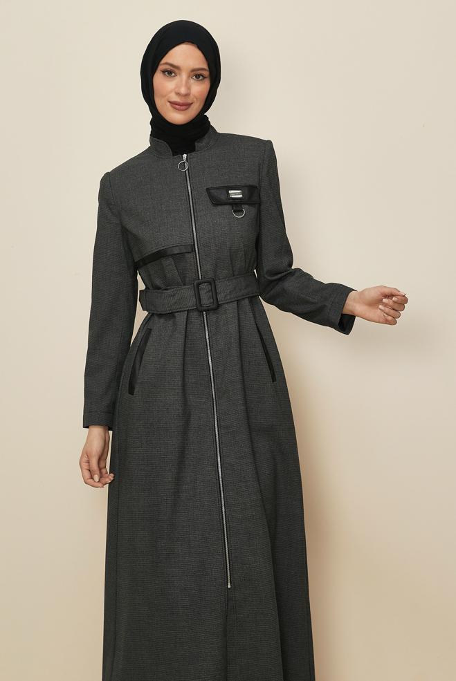 Tesettür giyim GRİ KEMERLİ PARDESÜ 10827 - ALVİNA