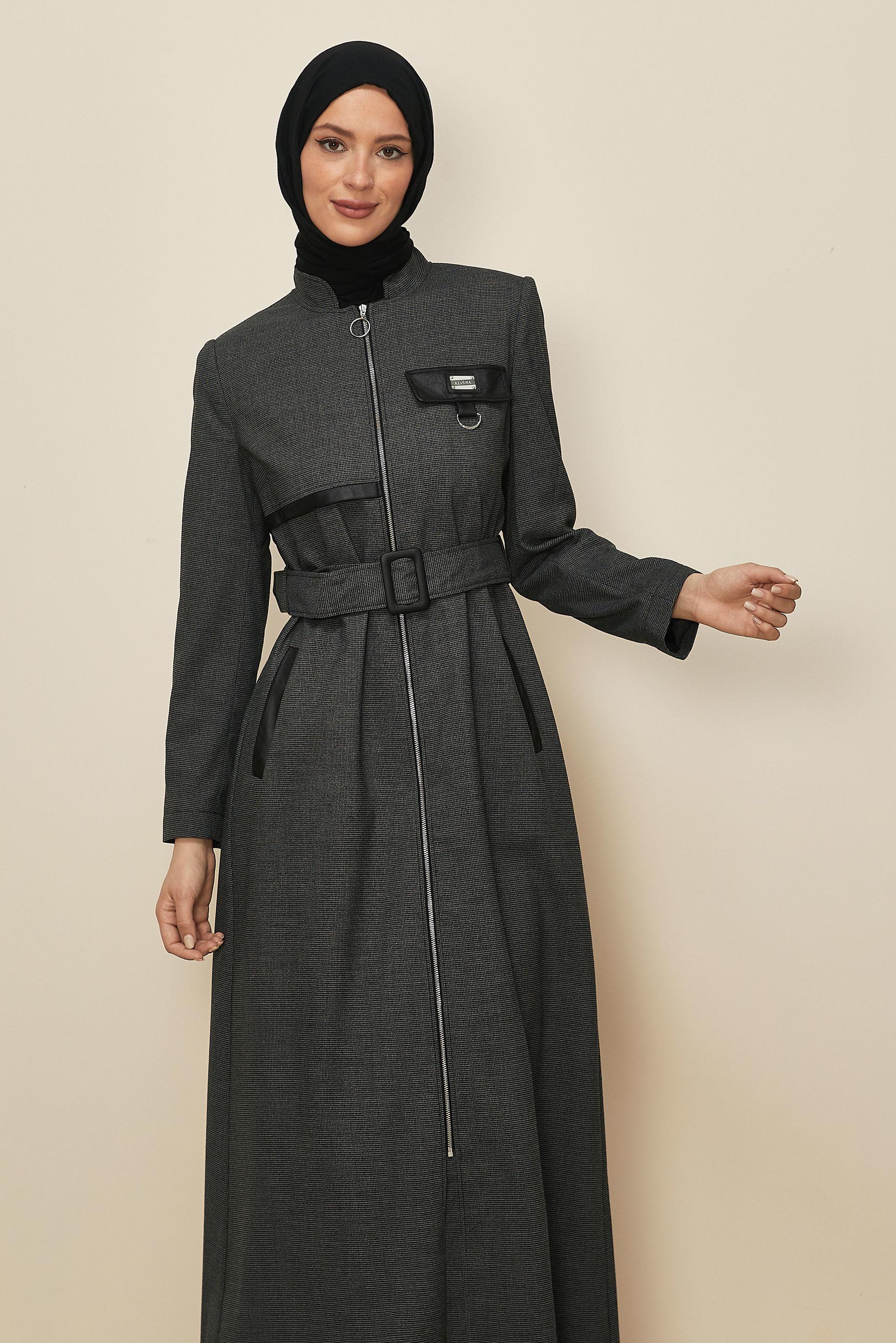 Tesettür giyim GRİ KEMERLİ PARDESÜ 10827