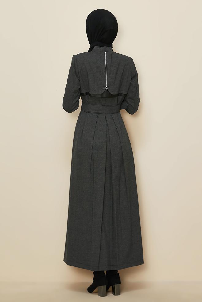 Tesettür giyim GRİ KEMERLİ PARDESÜ 10827 - ALVİNA