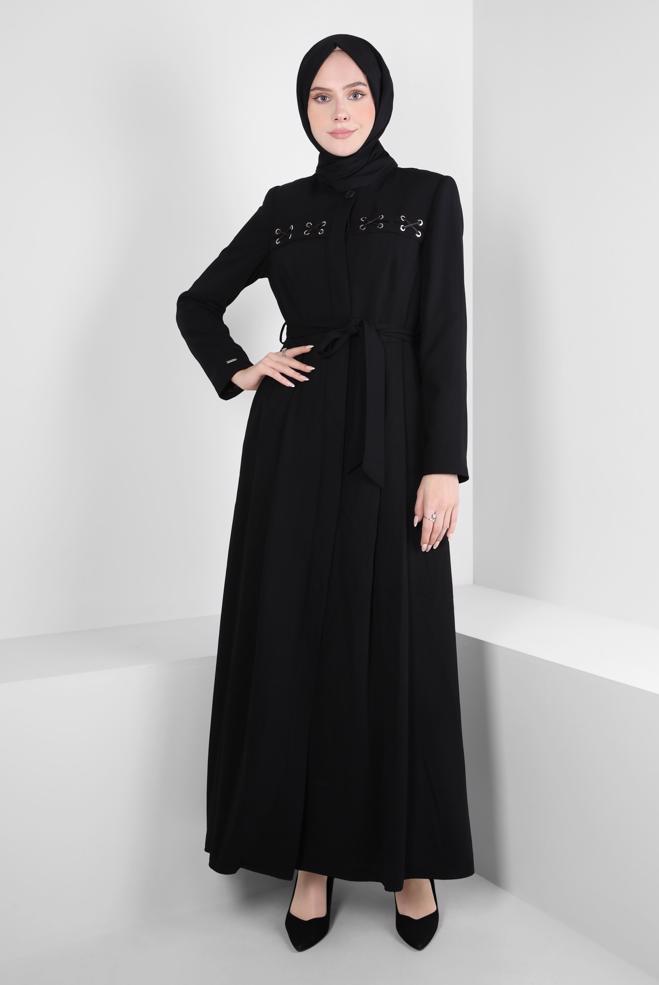 Vêtements hijab NOIR PARDESSUS AVEC ŒILLETS 10829 - ALVİNA