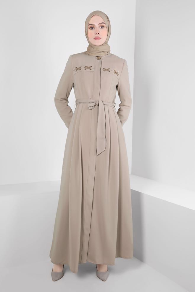 Vêtements hijab BEIGE PARDESSUS AVEC ŒILLETS 10829 - ALVİNA