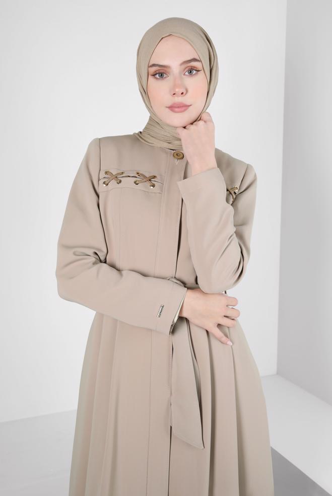 Vêtements hijab BEIGE PARDESSUS AVEC ŒILLETS 10829 - ALVİNA