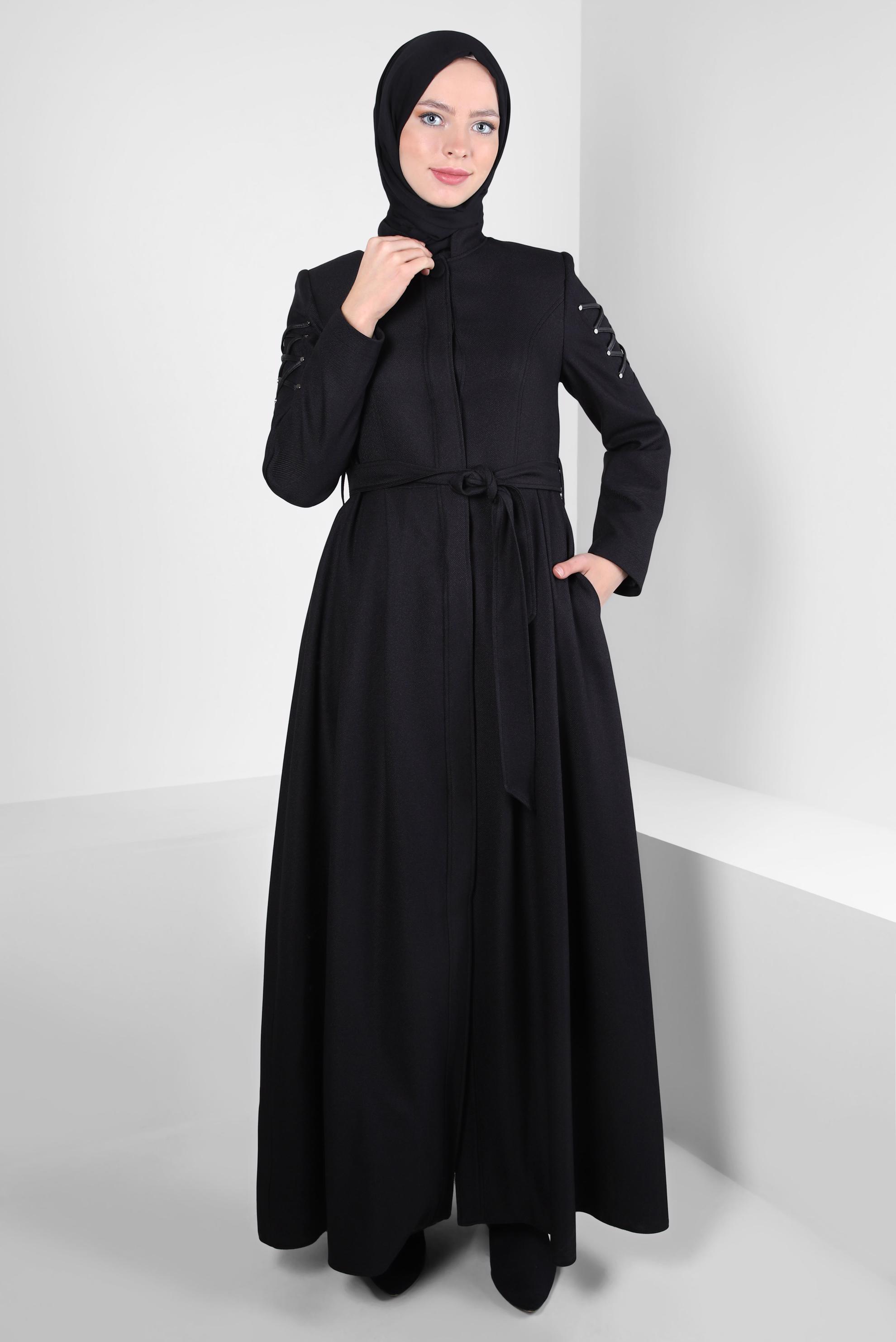 Tesettür giyim SİYAH BAĞCIK DETAYLI KUŞAKLI PARDESÜ 10833