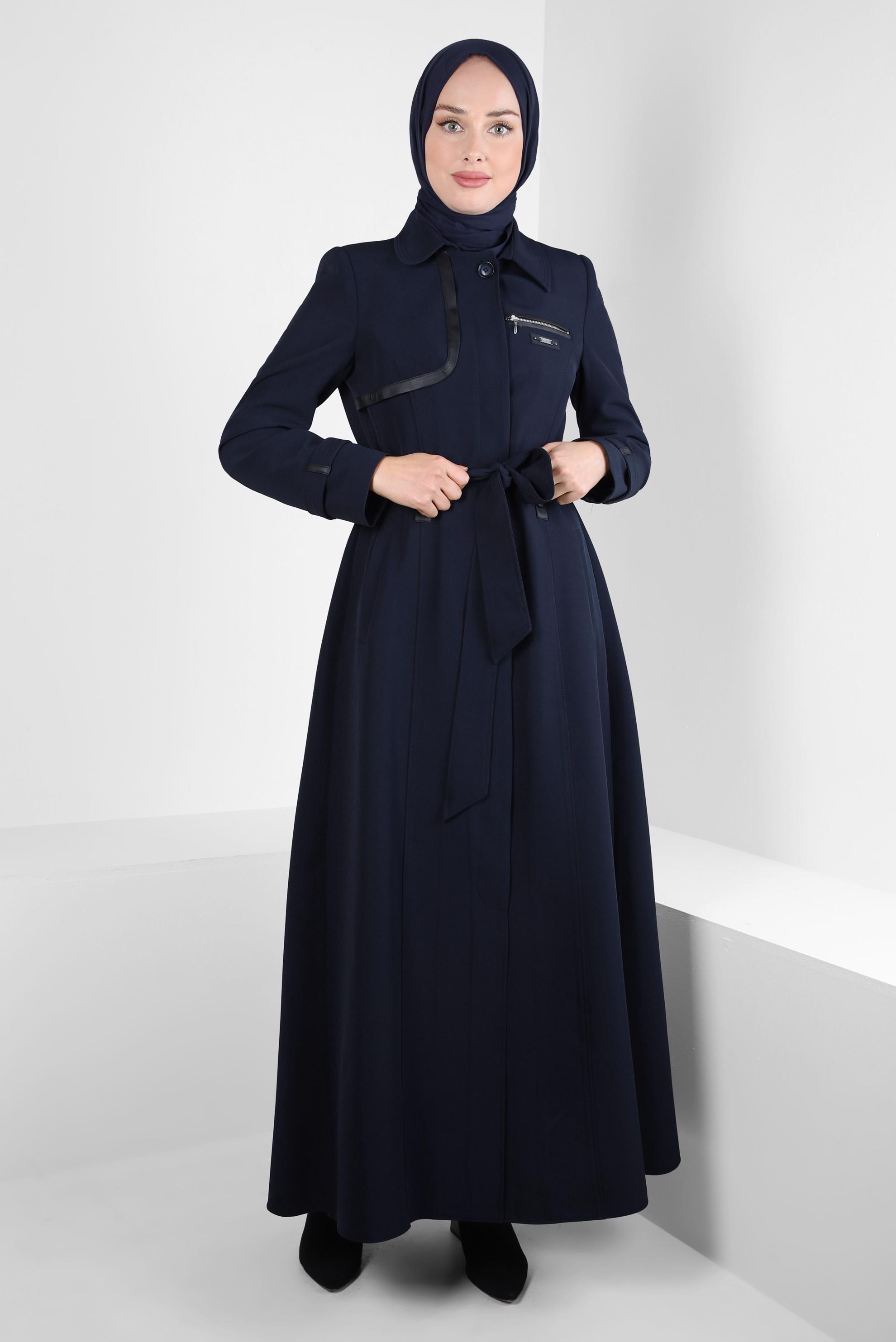 Tesettür giyim LACİVERT KUŞAKLI PARDESÜ 10835