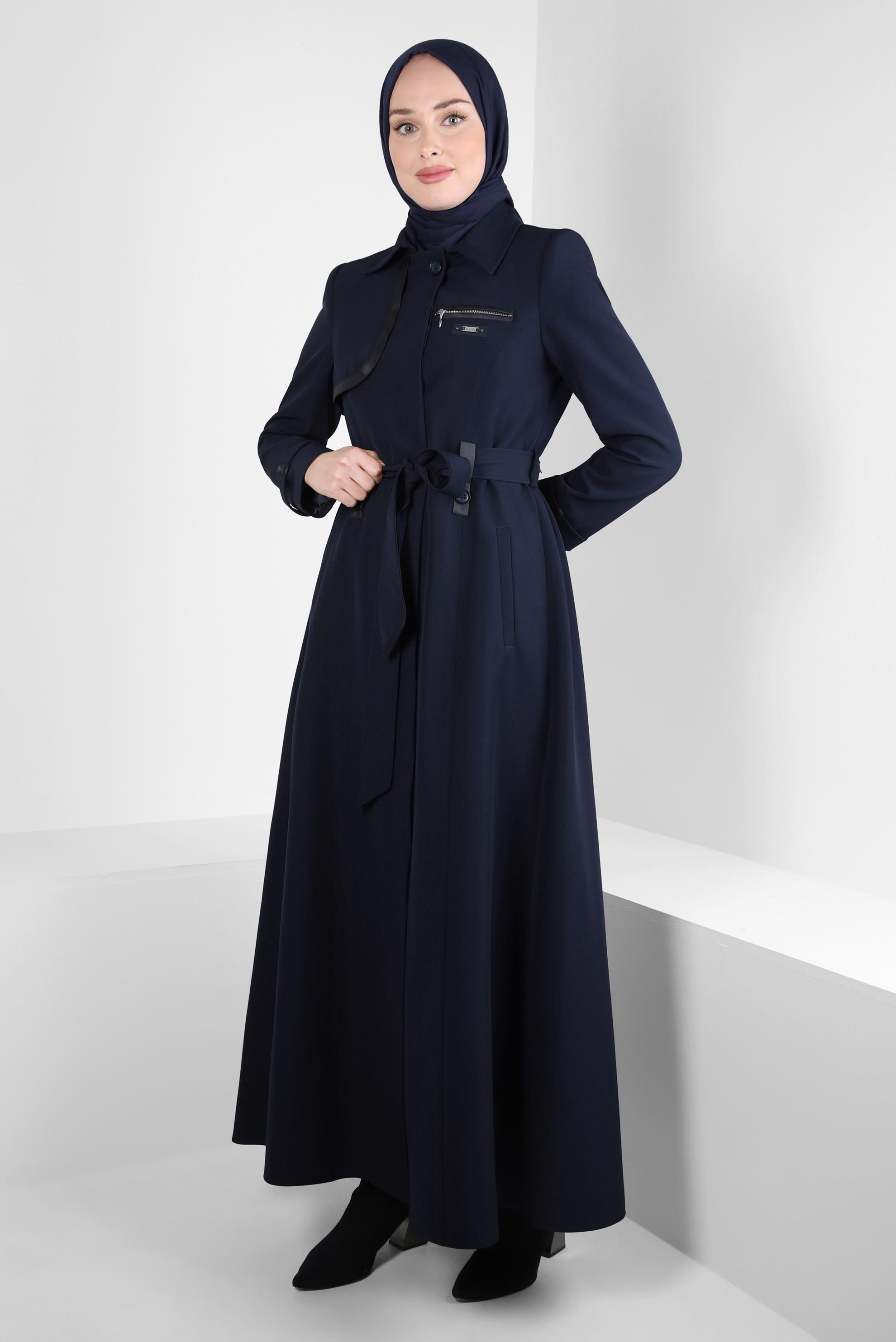 Tesettür giyim LACİVERT KUŞAKLI PARDESÜ 10835