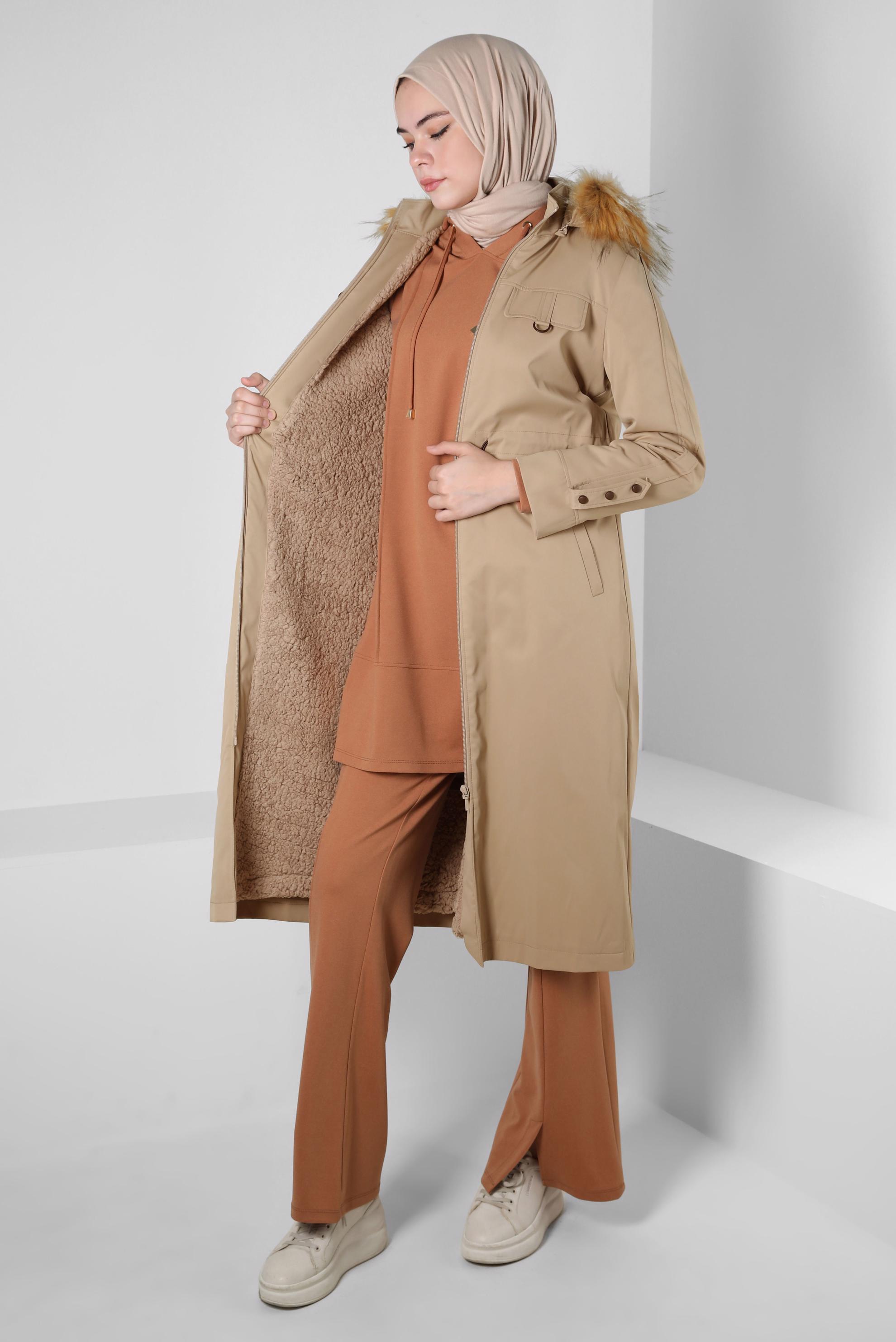 Tesettür giyim KAHVE KAPÜŞONLU PARKA 90266