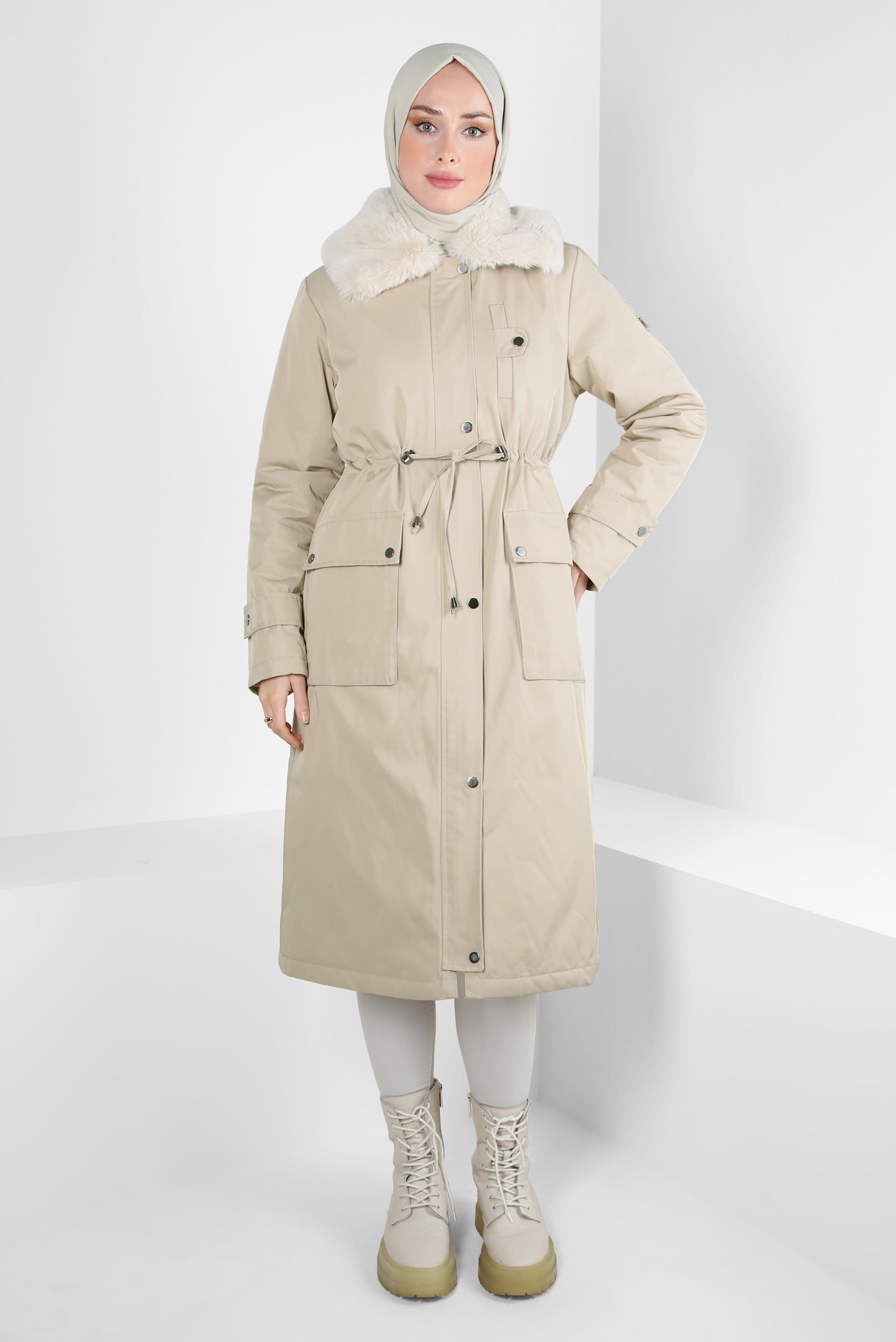 Tesettür giyim BEJ KÜRK DETAYLI PARKA 90423