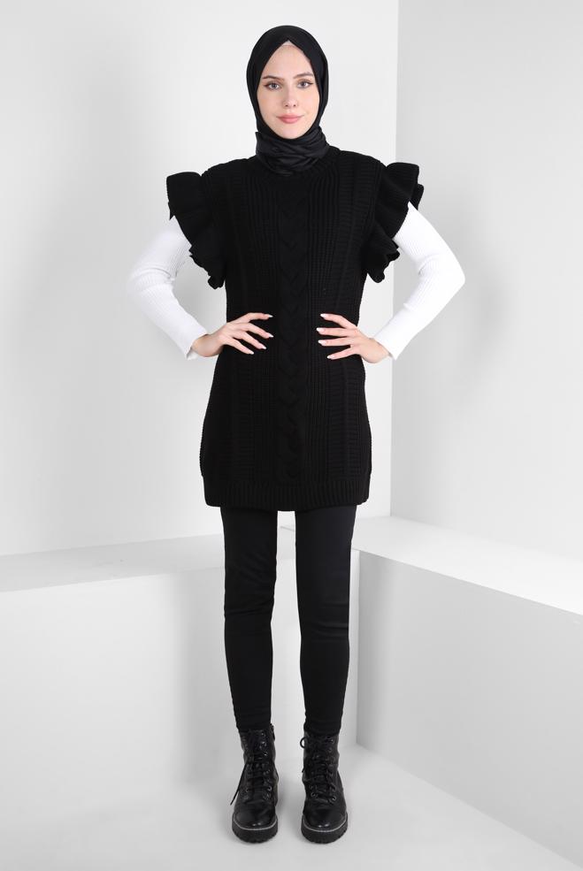 Hijab clothing BLACK RUFFLE DETAIL KNITWEAR SWEATER 44030 - ALVİNA