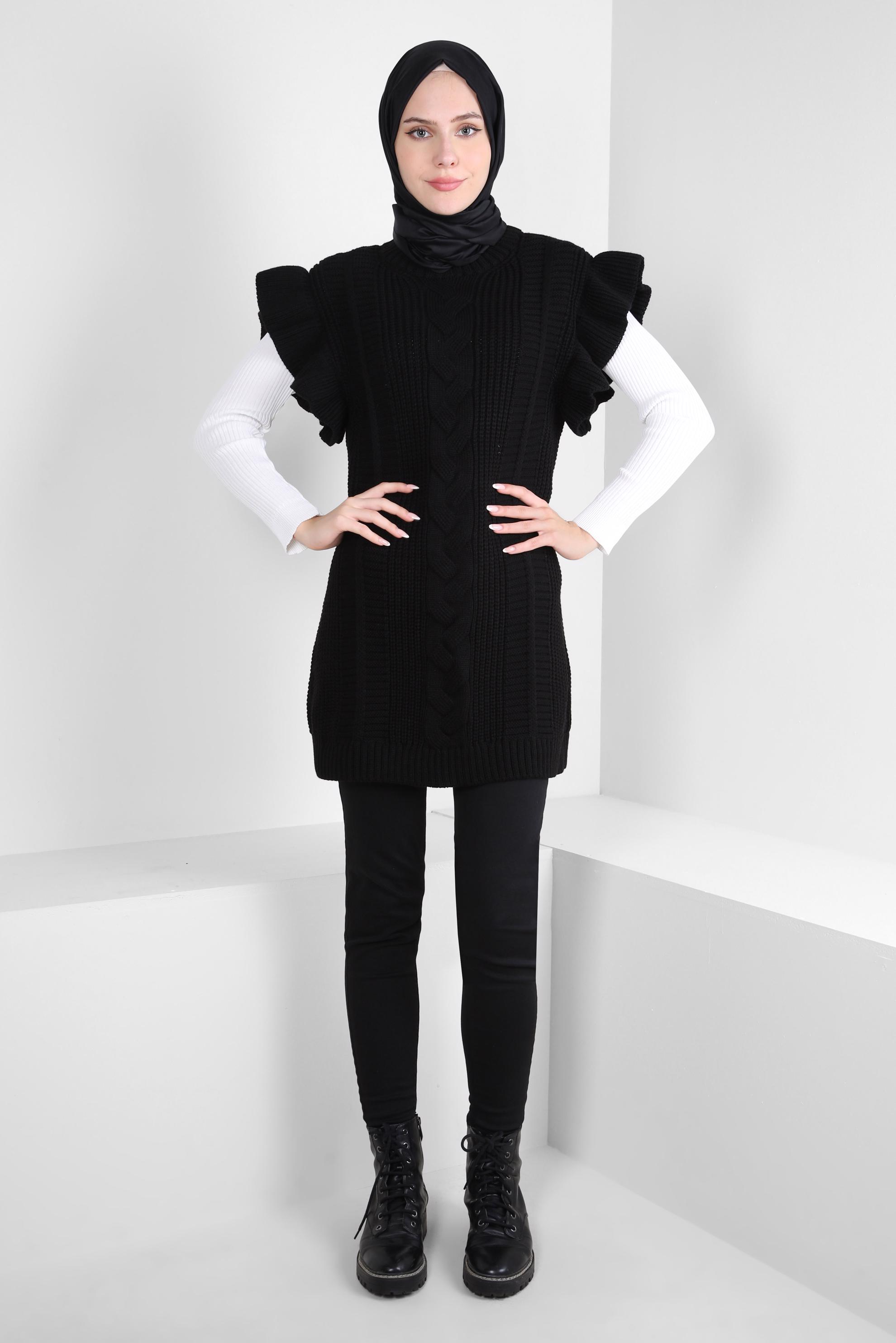 Tesettür giyim SİYAH FIRFIR DETAYLI TRİKO SÜVETER 44030