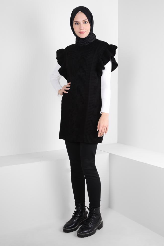 Hijab clothing BLACK RUFFLE DETAIL KNITWEAR SWEATER 44030 - ALVİNA