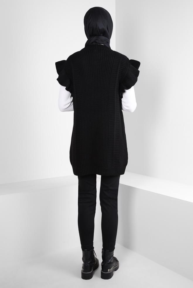 Hijab clothing BLACK RUFFLE DETAIL KNITWEAR SWEATER 44030 - ALVİNA