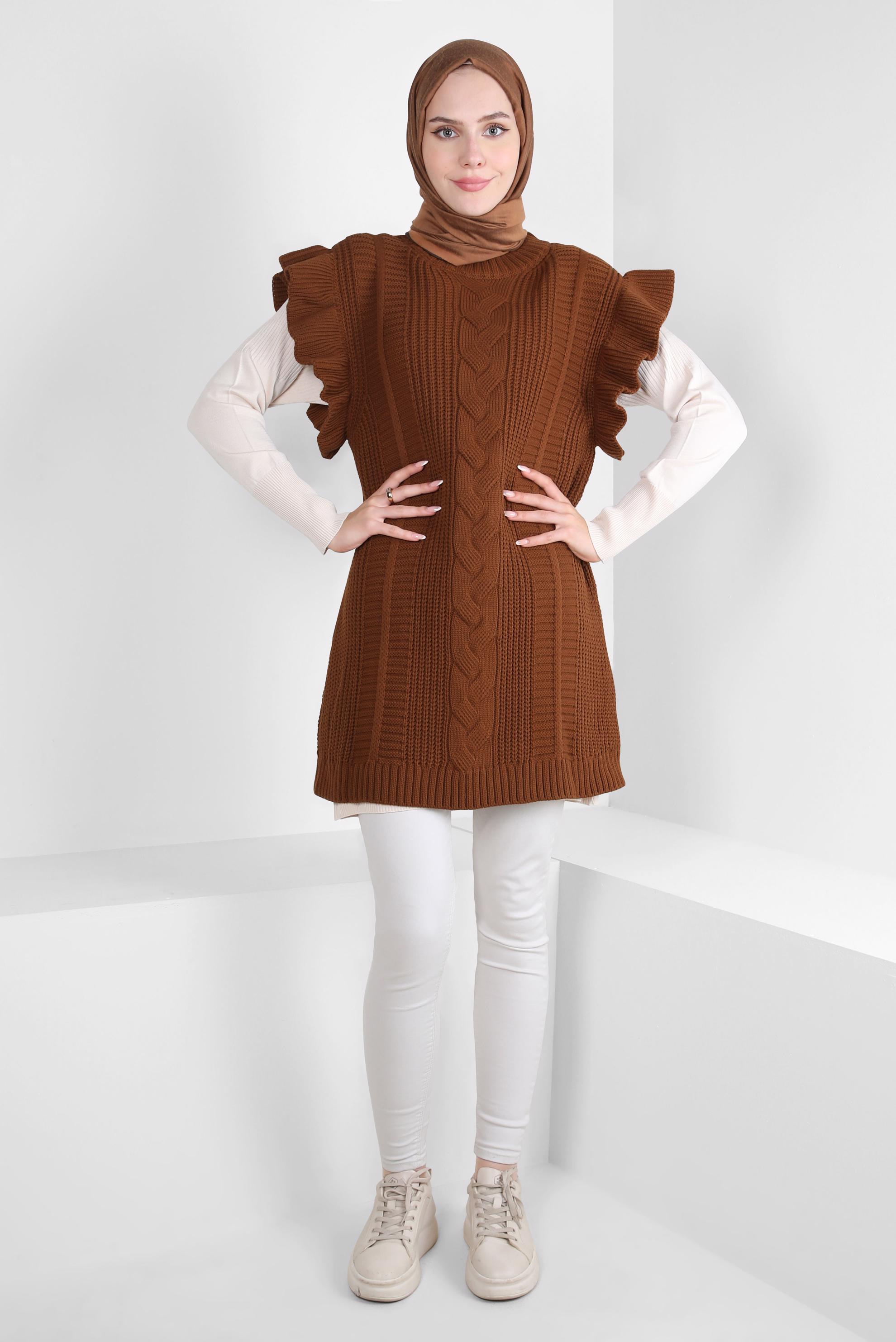 Tesettür giyim TABA FIRFIR DETAYLI TRİKO SÜVETER 44030