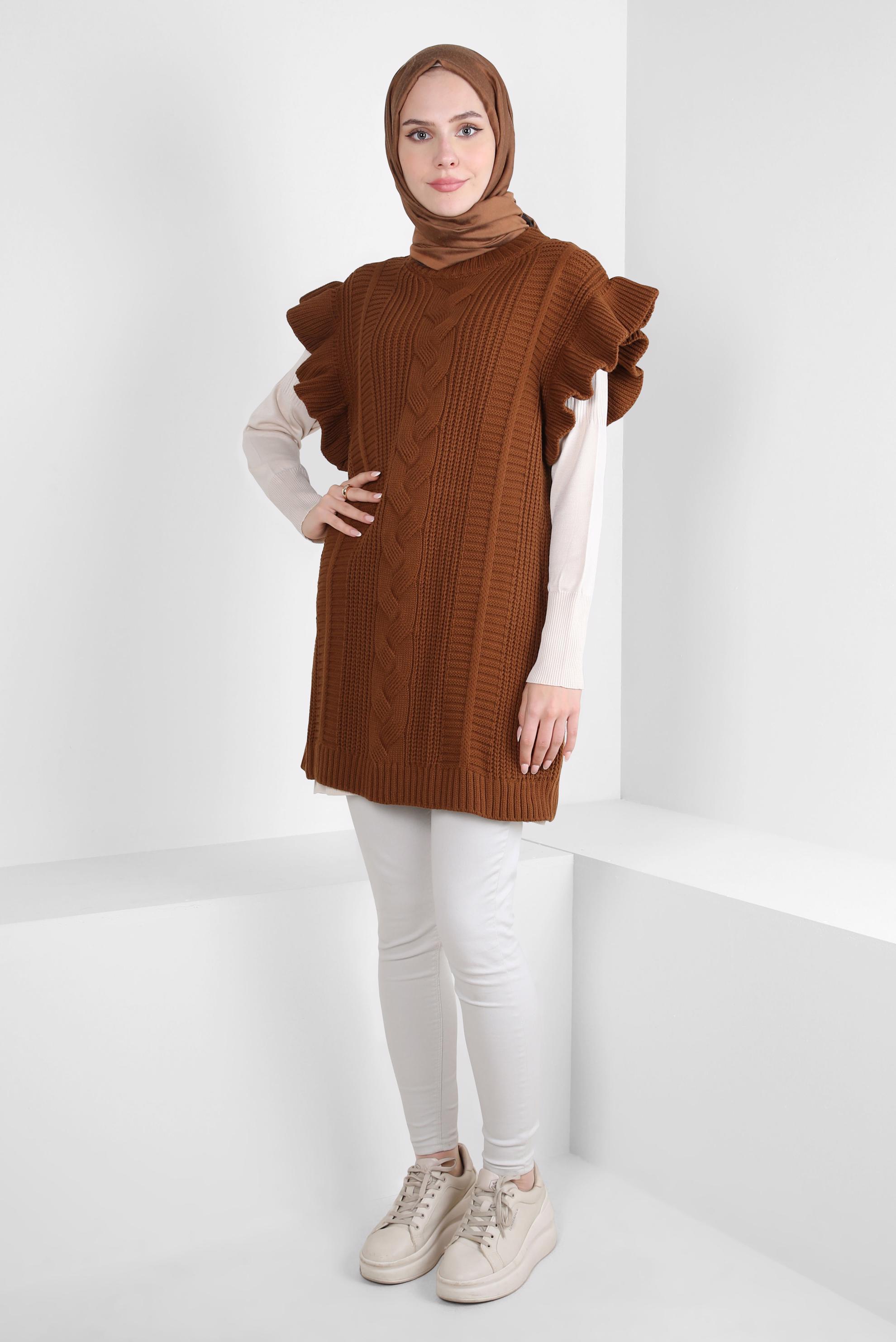 Tesettür giyim TABA FIRFIR DETAYLI TRİKO SÜVETER 44030