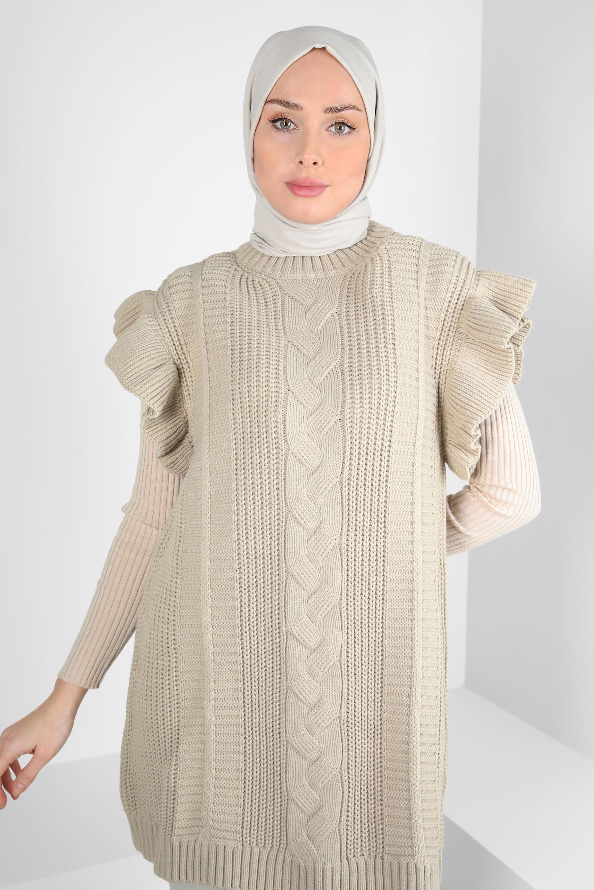 Tesettür giyim BEJ FIRFIR DETAYLI TRİKO SÜVETER 44030
