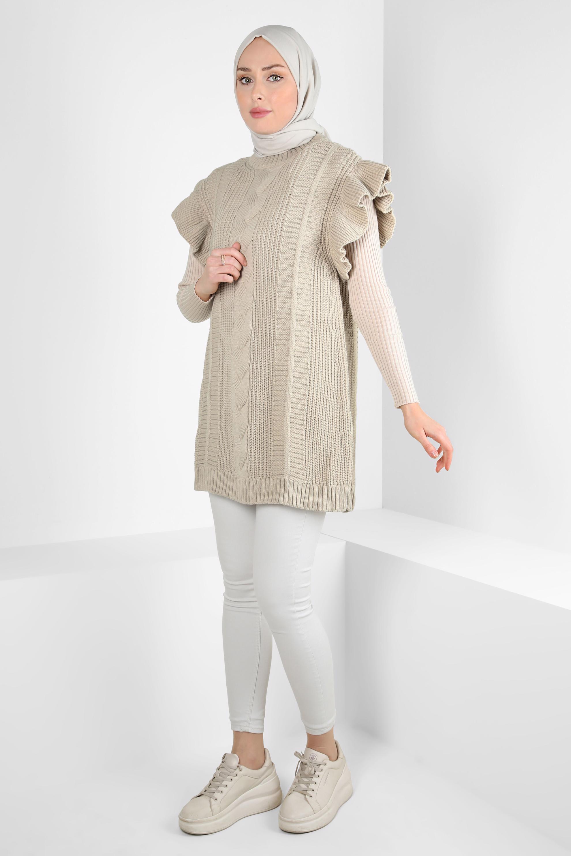 Tesettür giyim BEJ FIRFIR DETAYLI TRİKO SÜVETER 44030