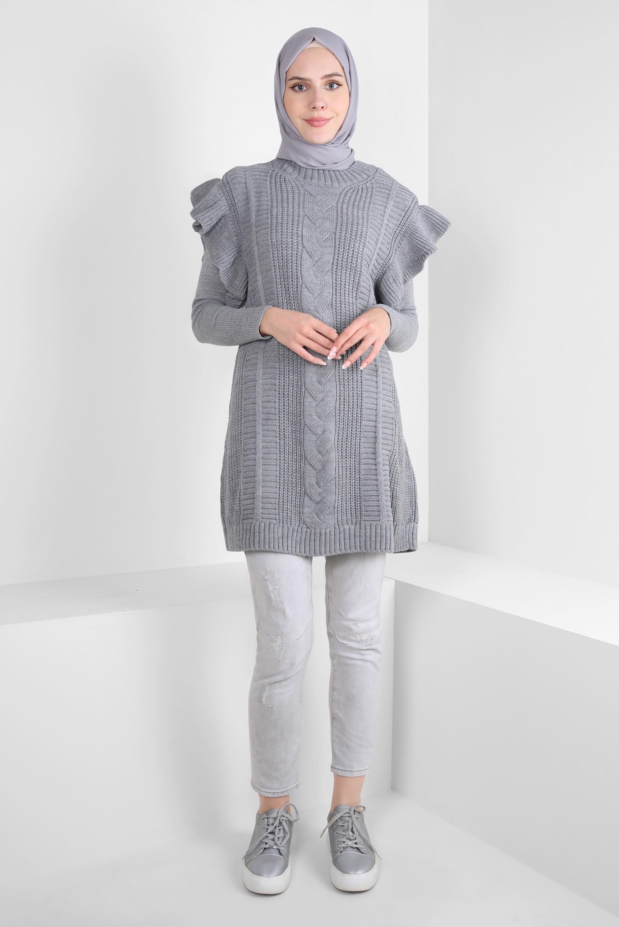 Tesettür giyim GRİ FIRFIR DETAYLI TRİKO SÜVETER 44030