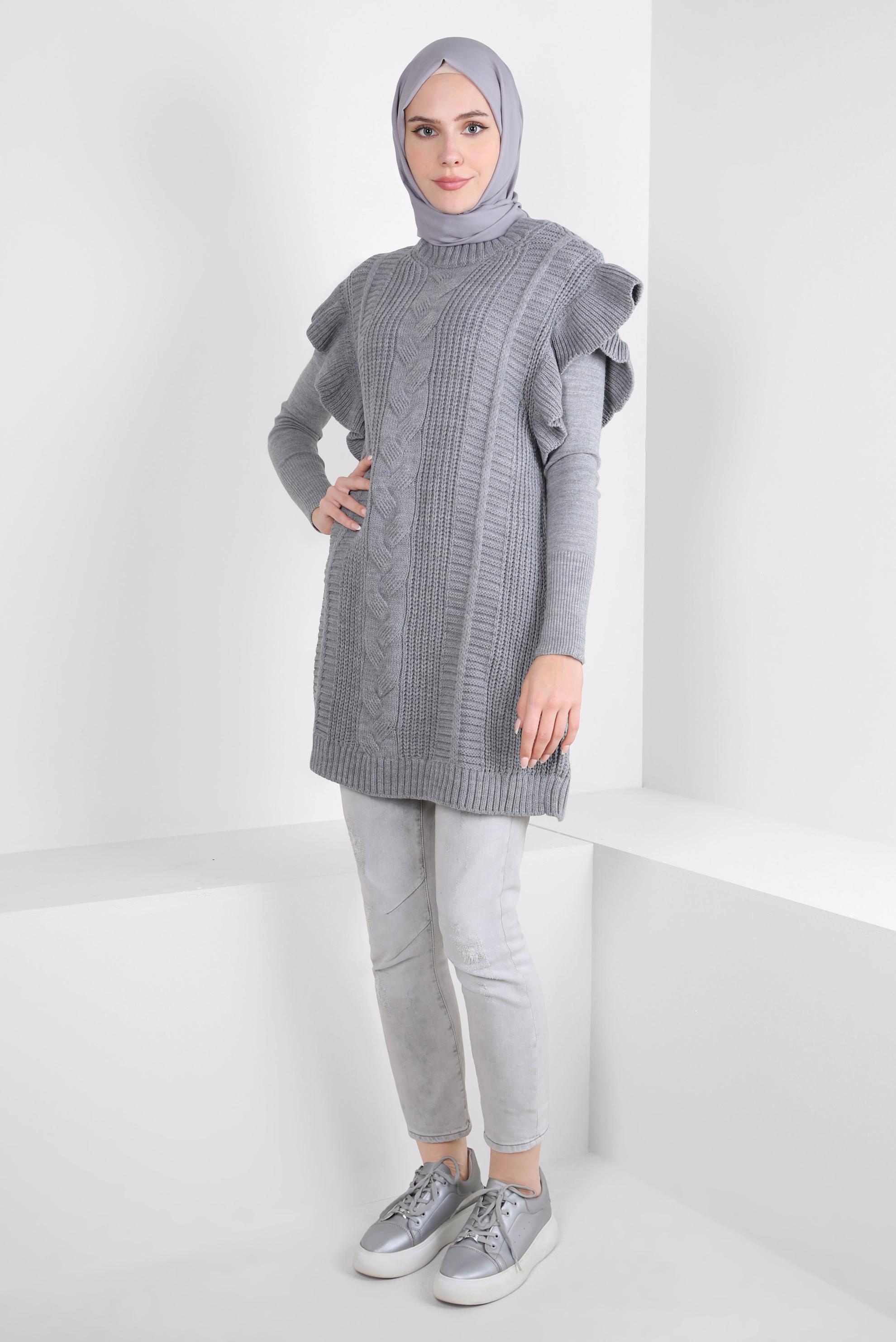Tesettür giyim GRİ FIRFIR DETAYLI TRİKO SÜVETER 44030