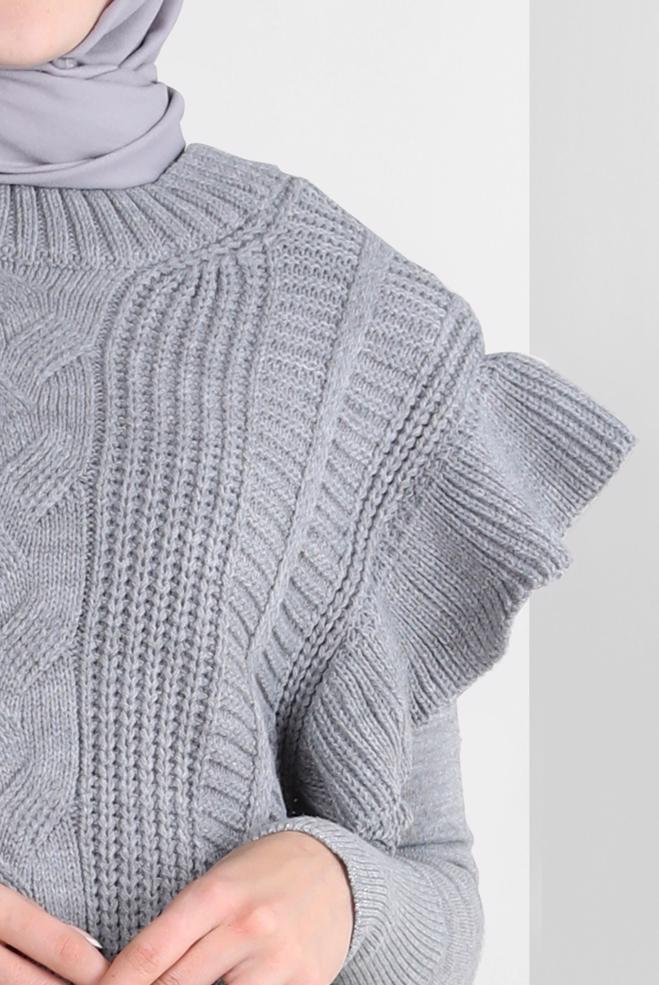 Hijab clothing GREY RUFFLE DETAIL KNITWEAR SWEATER 44030 - ALVİNA