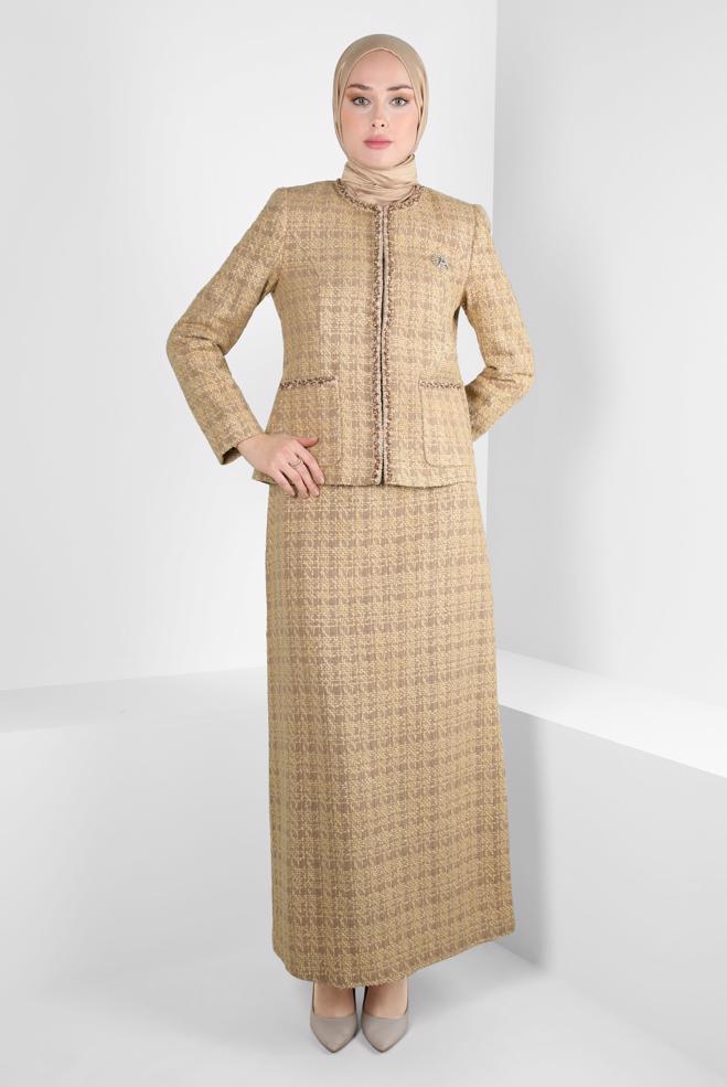 Vêtements hijab BRUN COSTUME JUPE AVEC BROCHE 30403 - ALVİNA