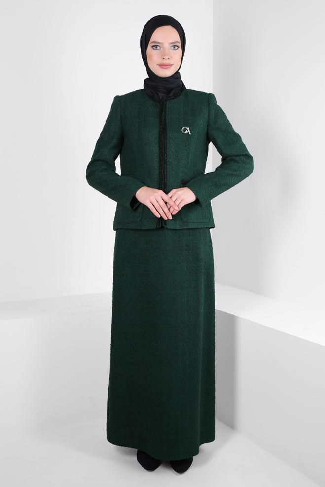 Vêtements hijab VERT COSTUME JUPE AVEC BROCHE 30403 - ALVİNA
