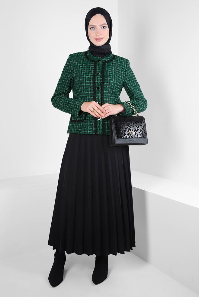 Vêtements hijab VERT COSTUME À JUPE PLISSÉE 30404 - ALVİNA