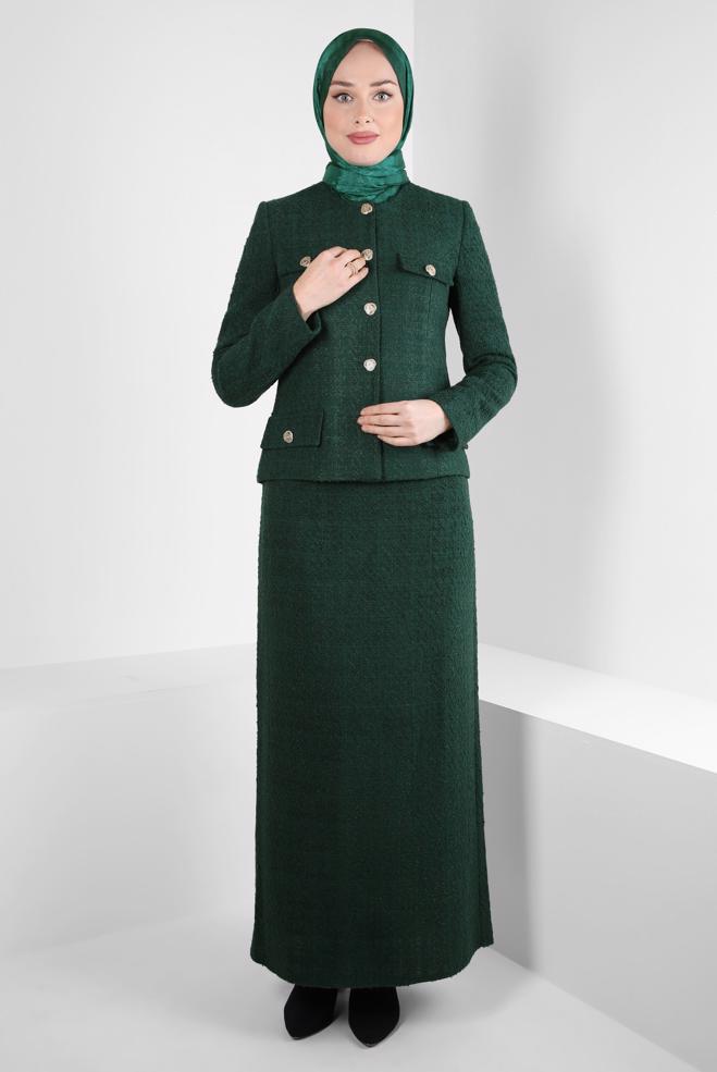 Vêtements hijab VERT COSTUME À JUPE EN TWEED 30408 - ALVİNA