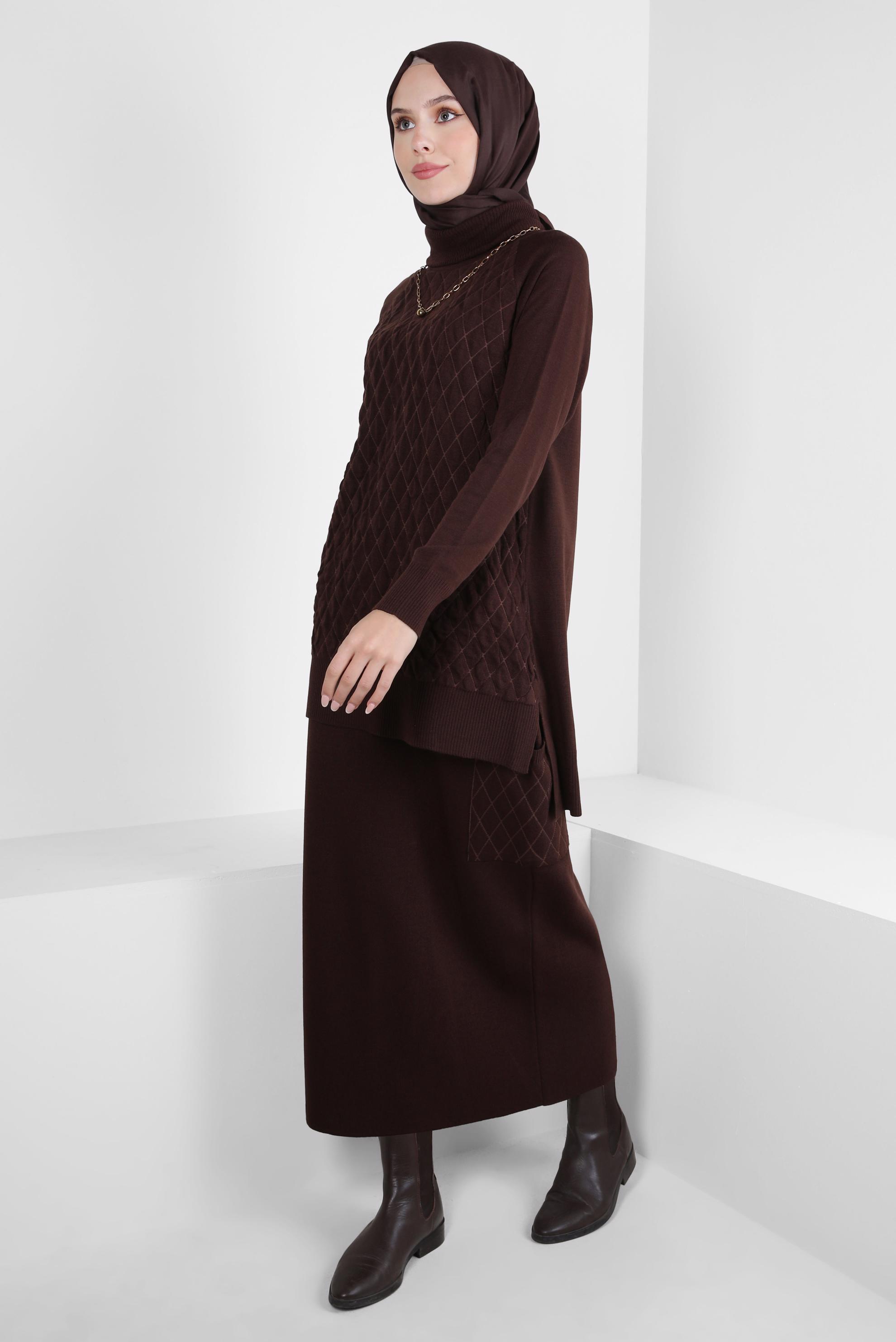 Hijab clothing BROWN KNITWEAR SKIRTED SUIT 44086