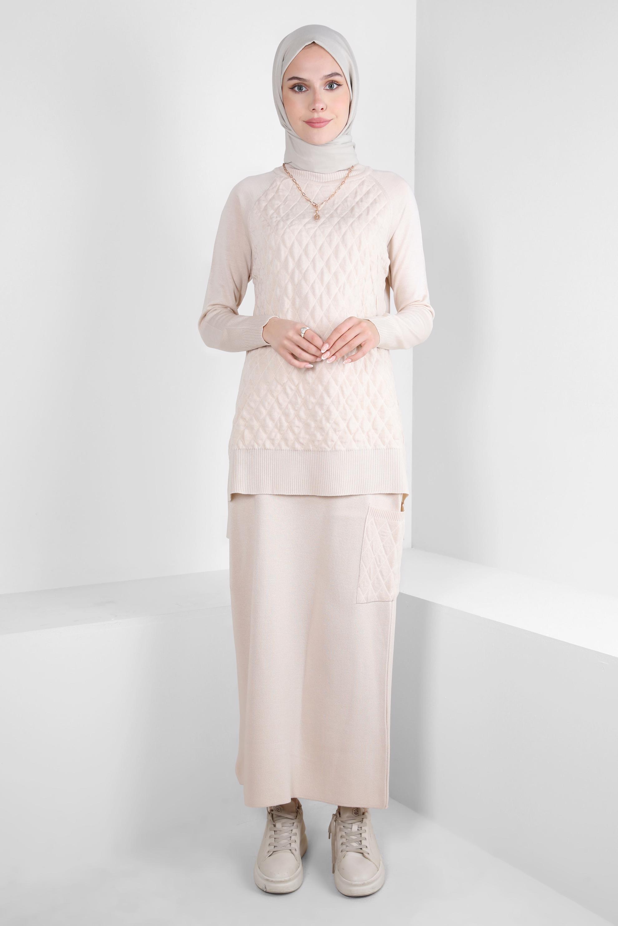 Hijab clothing BEIGE KNITWEAR SKIRTED SUIT 44086