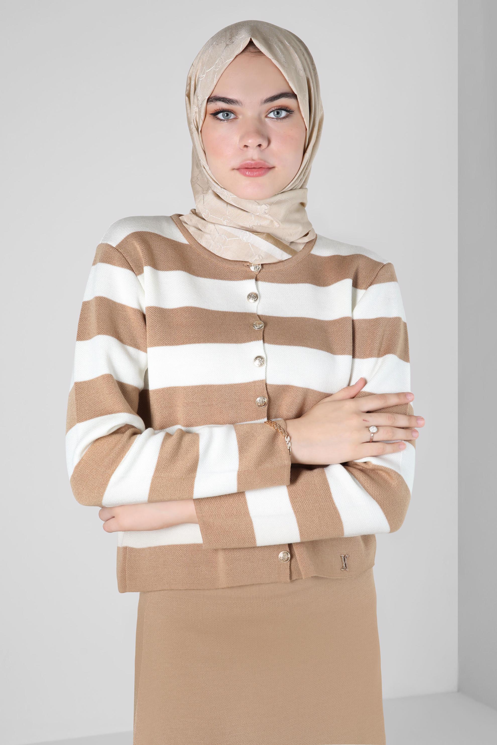 Tesettür giyim KAHVE ÇİZGİLİ TRİKO ETEKLİ TAKIM 44088