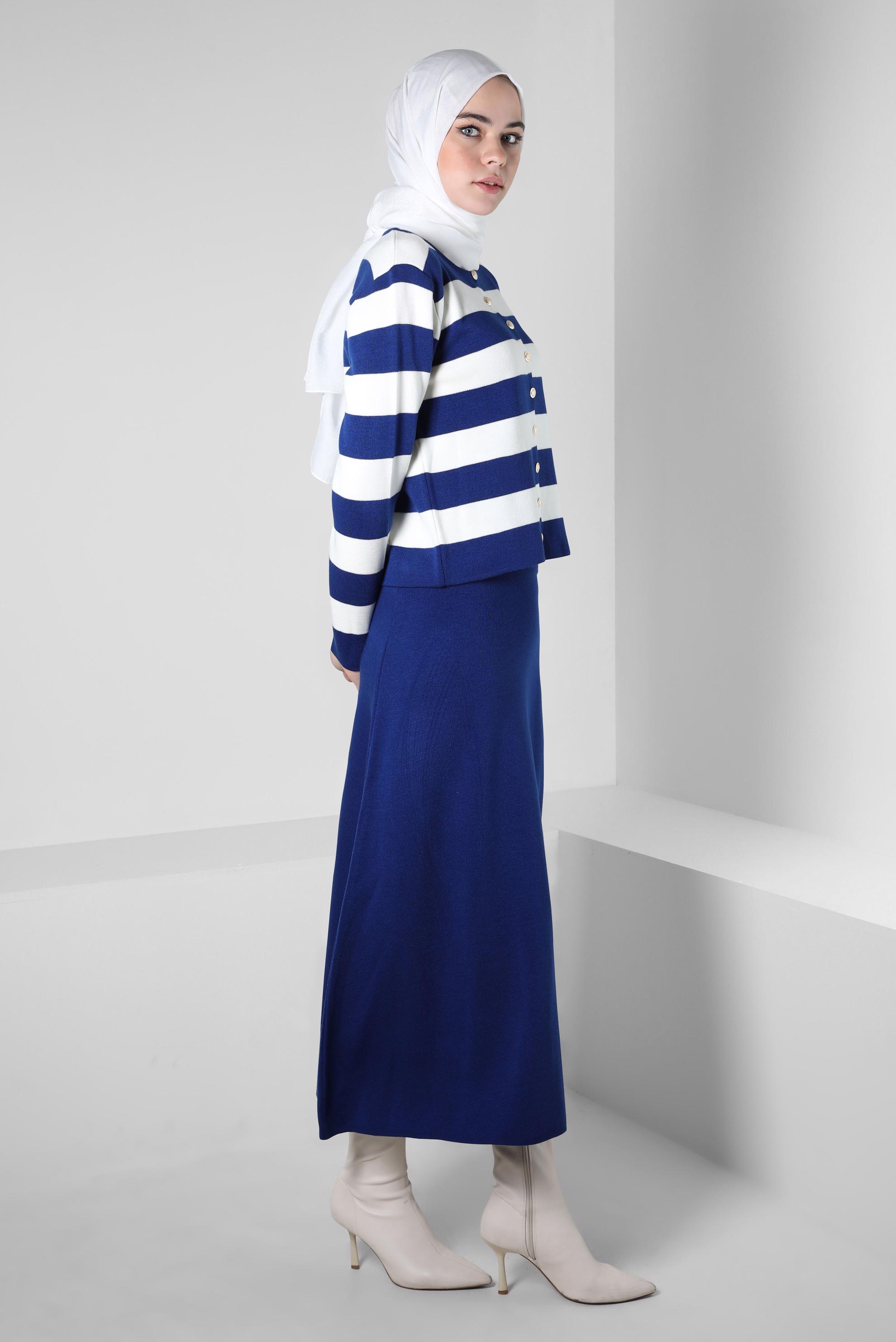 Tesettür giyim MAVİ ÇİZGİLİ TRİKO ETEKLİ TAKIM 44088