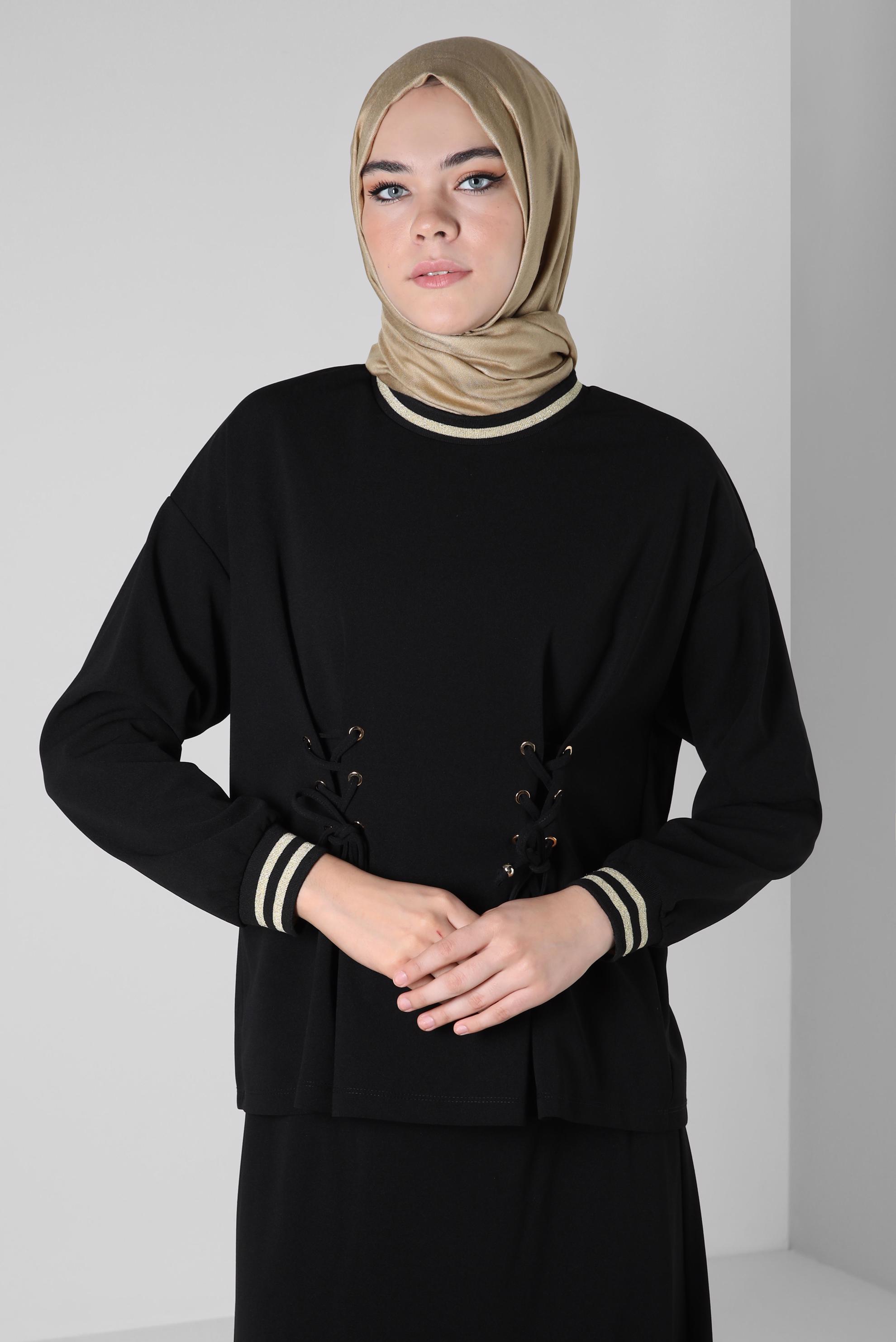 Hijab clothing BLACK EYELET DETAIL SKIRTED SUIT 44158