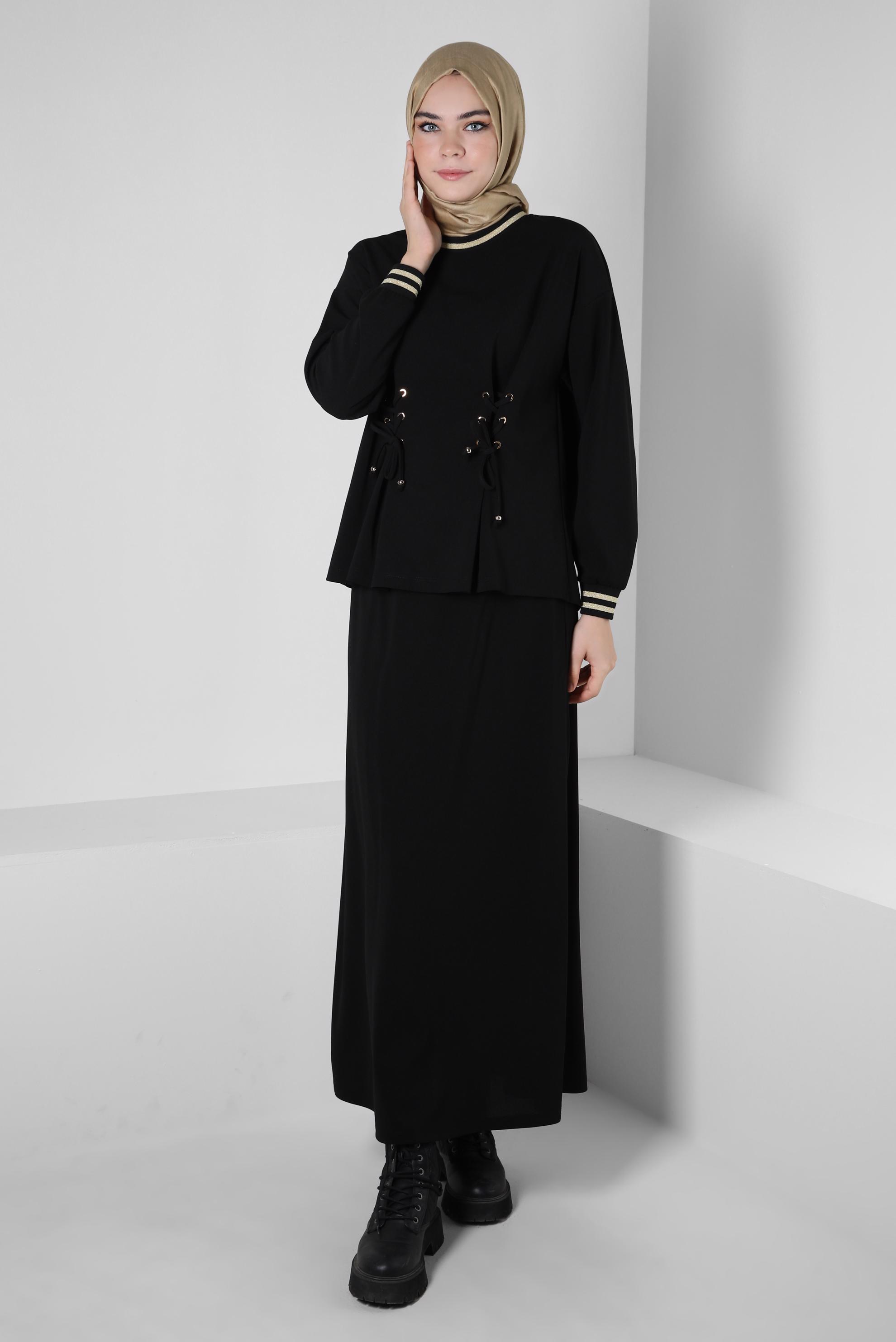 Hijab clothing BLACK EYELET DETAIL SKIRTED SUIT 44158