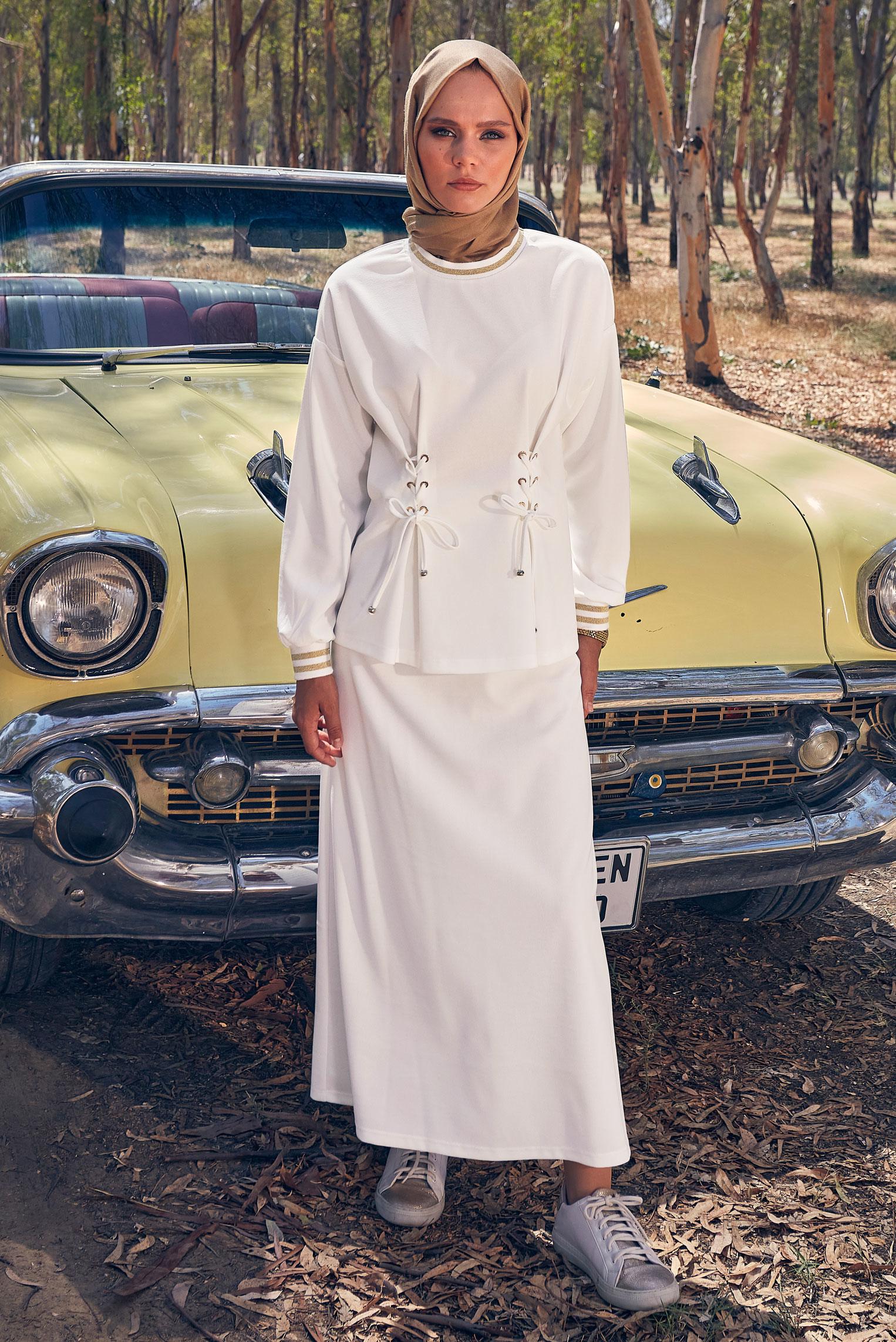 Tesettür giyim BEYAZ KUŞGÖZÜ DETAYLI ETEKLİ TAKIM 44158