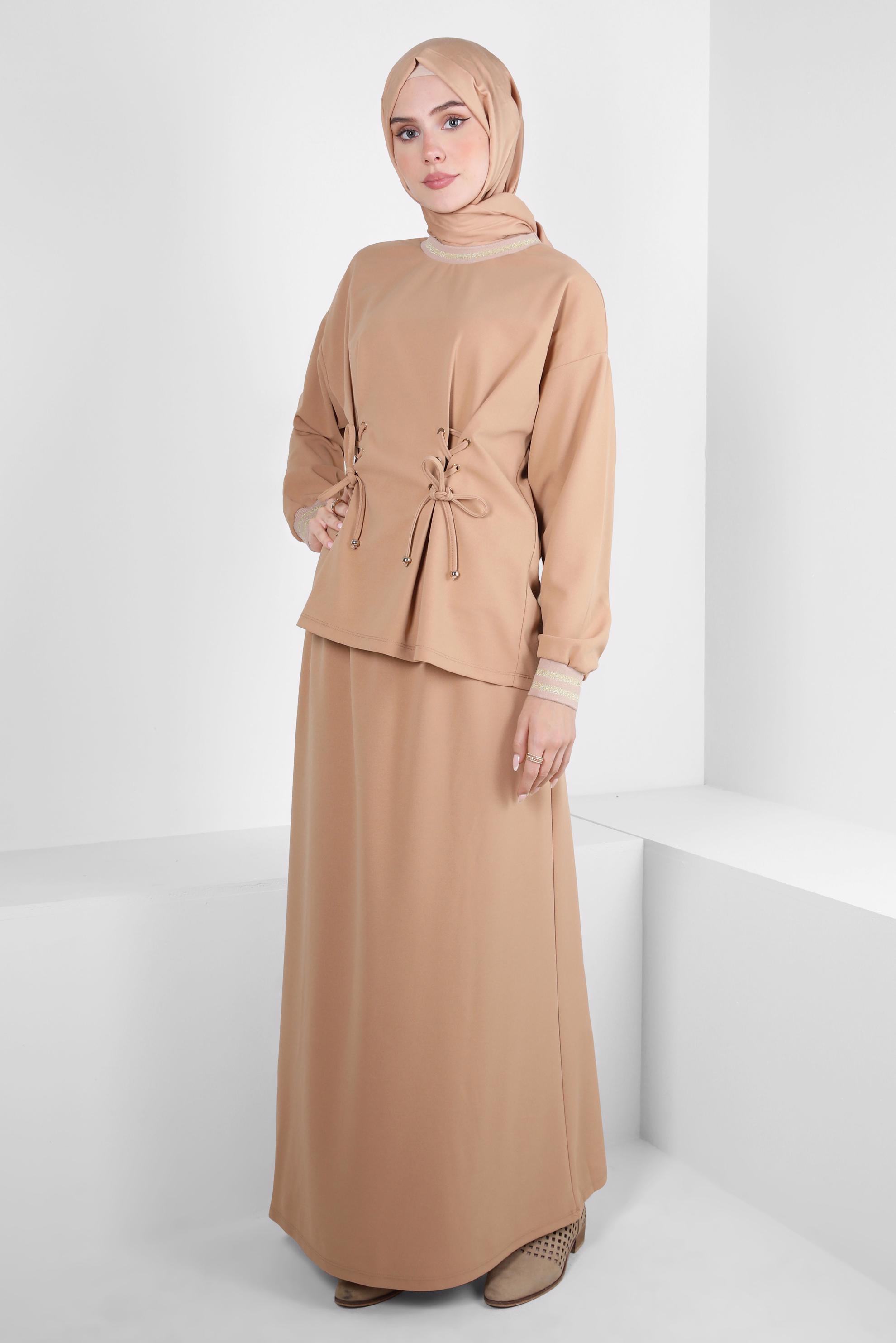 Hijab clothing BROWN EYELET DETAIL SKIRTED SUIT 44158